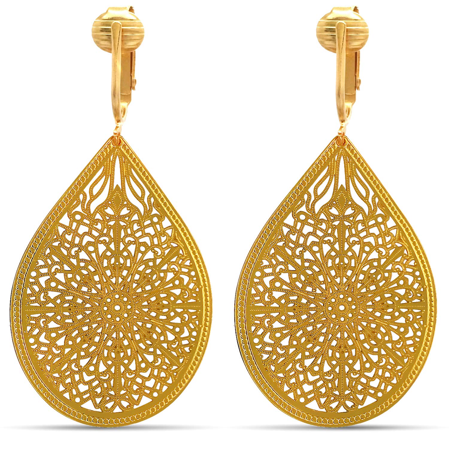 Large Victorian Filigree Teardrop Non Pierced Clip On Dangling Earrings