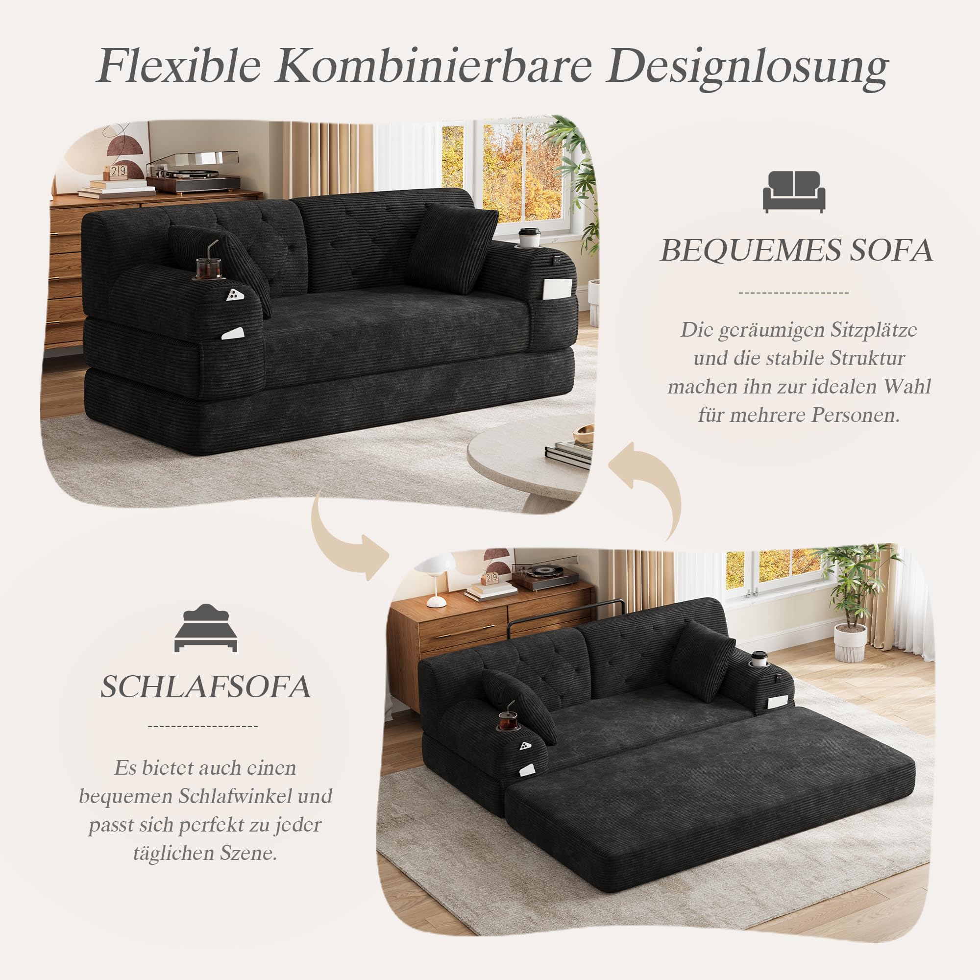 Generisch 2-osobowa sofa z funkcją spania Cord czarna bez montażu do małych pomieszczeń