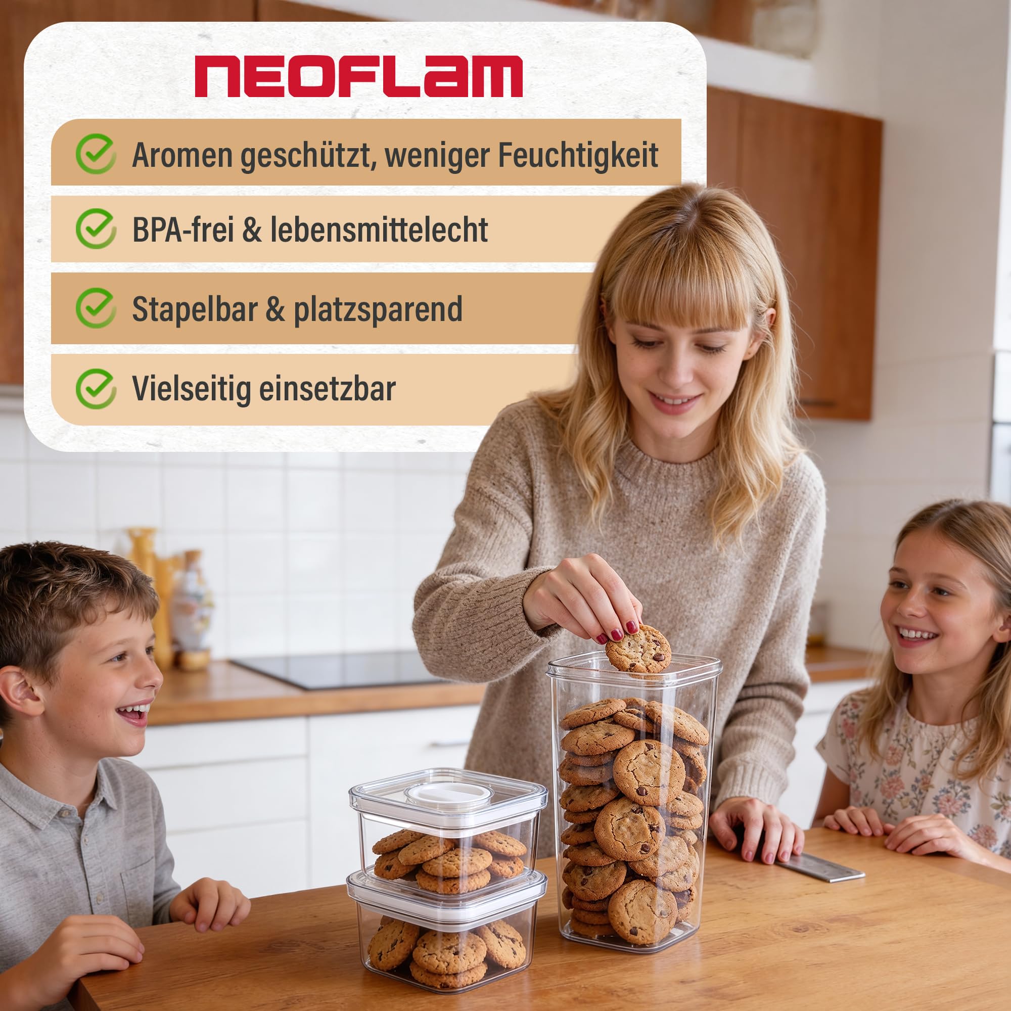 Neoflam® Set di 4 contenitori ermetici con coperchio e chiusura a vite con una sola mano, senza BPA, contenitori salvafreschezza per la conservazione degli alimenti, coperchio trasparente, ciascuno da