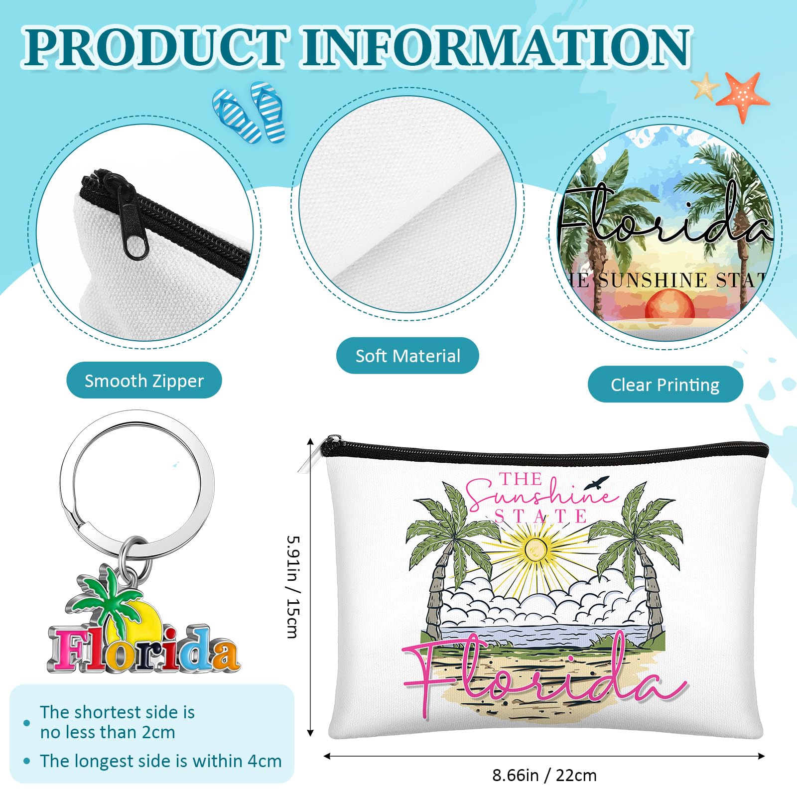 Landical 6 Sets Florida Souvenir Gifts Include 6 Pcs Florida Cosmetic Bag and 6 Pcs Metal Keychain for Women Traveler Christmas Party Gifts