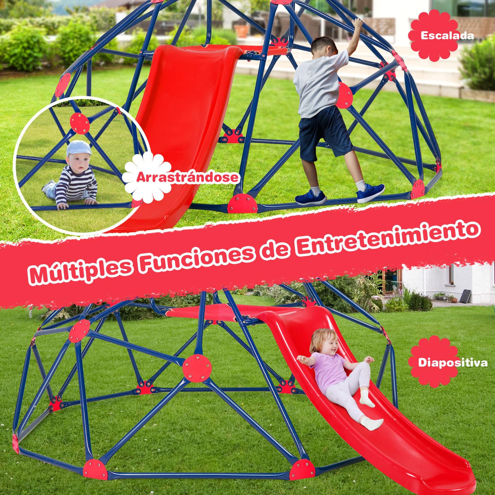 COSTWAY Cúpula de Escalada, Juego de Cúpula Geométrica con Tobogán Resistente, hasta180 KG, Cojín de Tela, Niños de 3-10 Años, Patio, Jardín, Parque (Rojo)