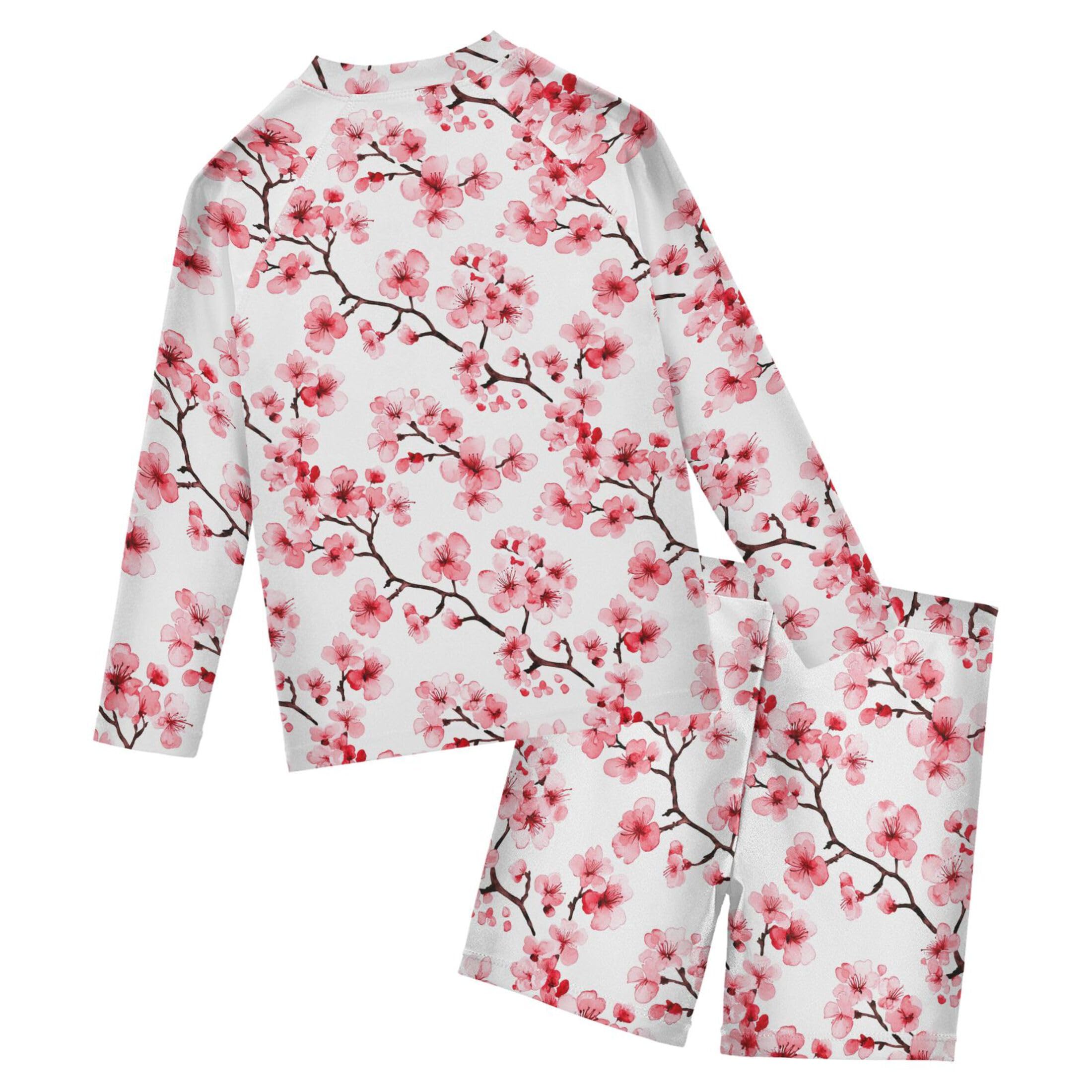 Pink Cherry Blossoms Toddlers and Baby Boys' Swimsuit Trunk and Rashguard Set B0404319