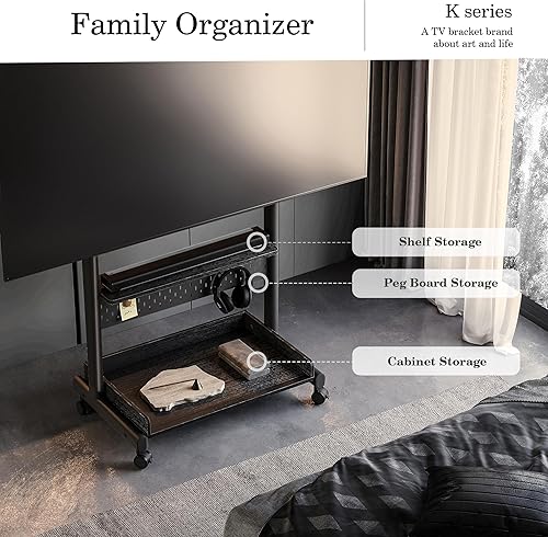 Miniatura 2 de FITUEYES Soporte de TV rodante, soporte de TV portátil con ruedas para TV de 40 a 85 pulgadas, carrito de TV móvil con estante de madera para sala