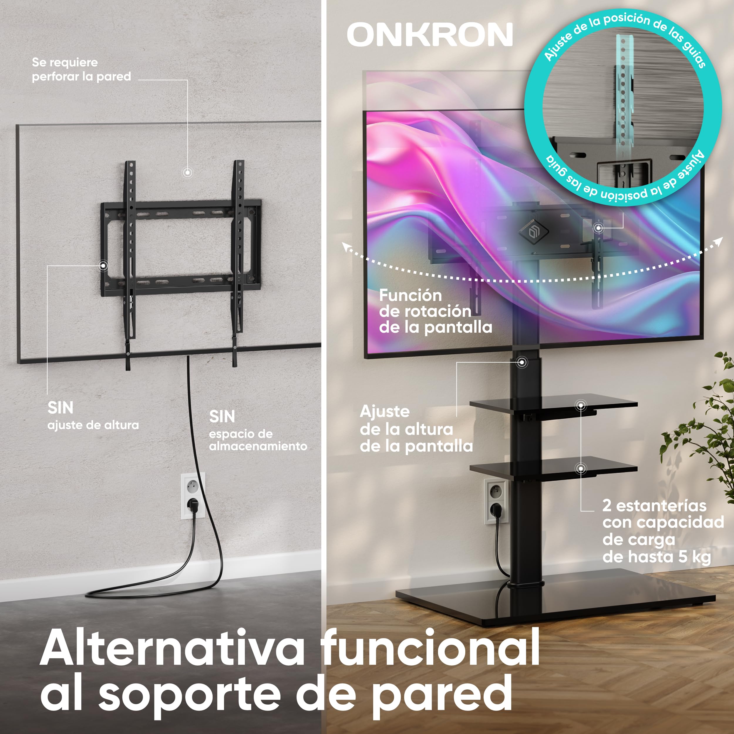 ONKRON Soporte para TV de 32 a 65 Pulgadas – Soporte de TV de pie de Color Negro con Carga Total 40 kg – Pie TV Universal máx. VESA 600 x 400 mm – Soporte para televisión con estantes TS5550-B