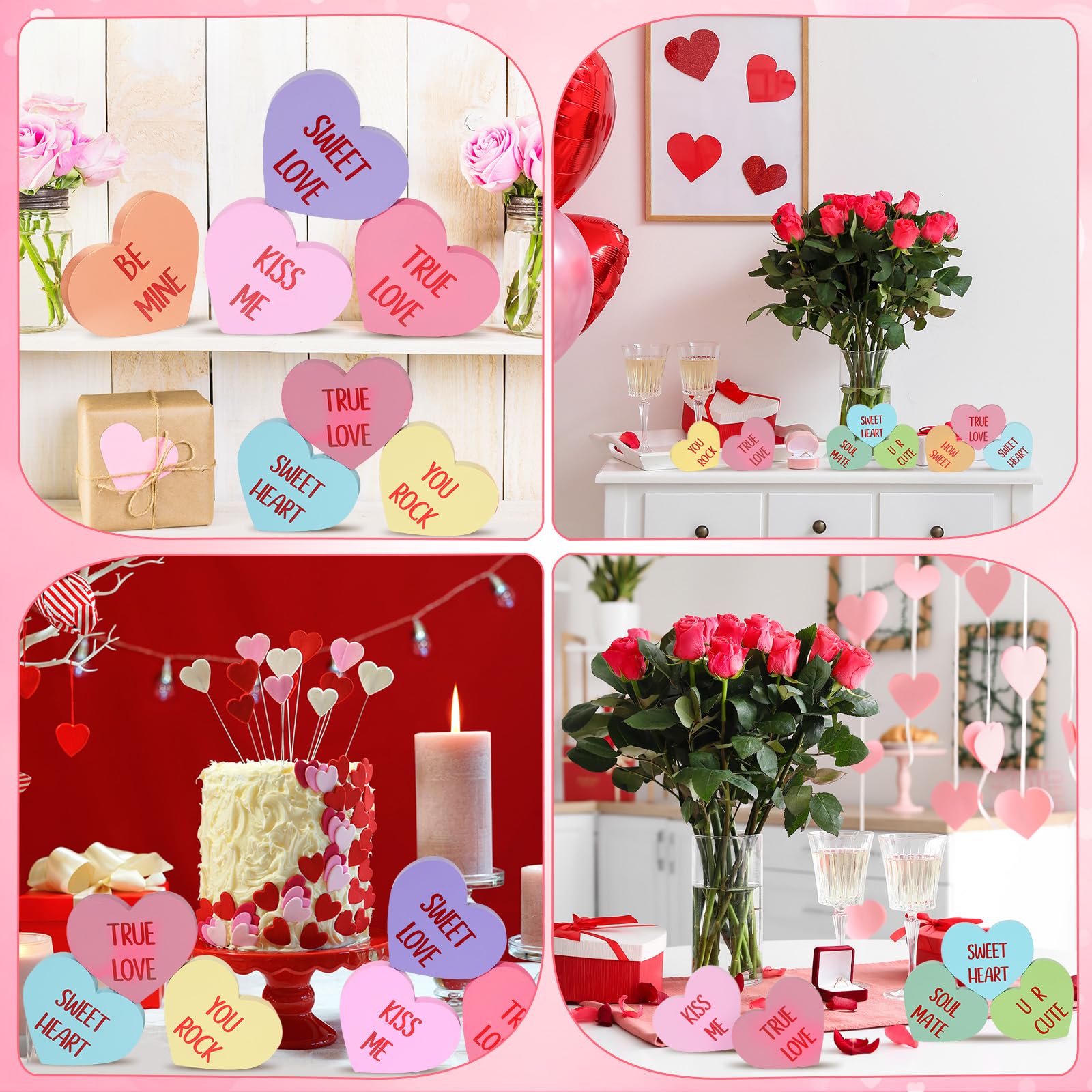 Faccito 12 centros de mesa de madera para el día de San Valentín, letreros de madera de corazón de caramelo, decoraciones de mesa de San Valentín, decoración de mesa Be Mine Love You Kiss Me,