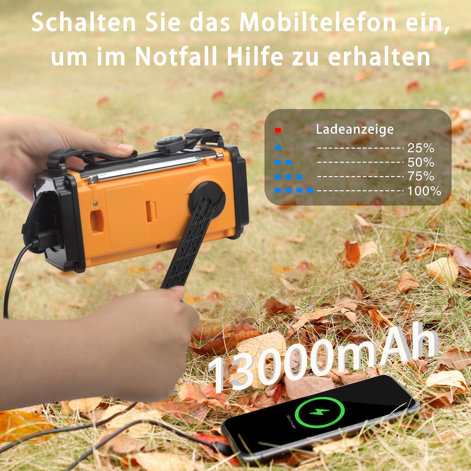 48100mWh/13000mAh Solar Kurbel Notfall Radio, 5-Wege Tragbare AM FM Dynamo Weltempfänger Radio, USB Handy-Lader,800LM Campinglampe| Leselampe,SOS Alarm,Kompass für Blackout Notfallausrüstung Überleben