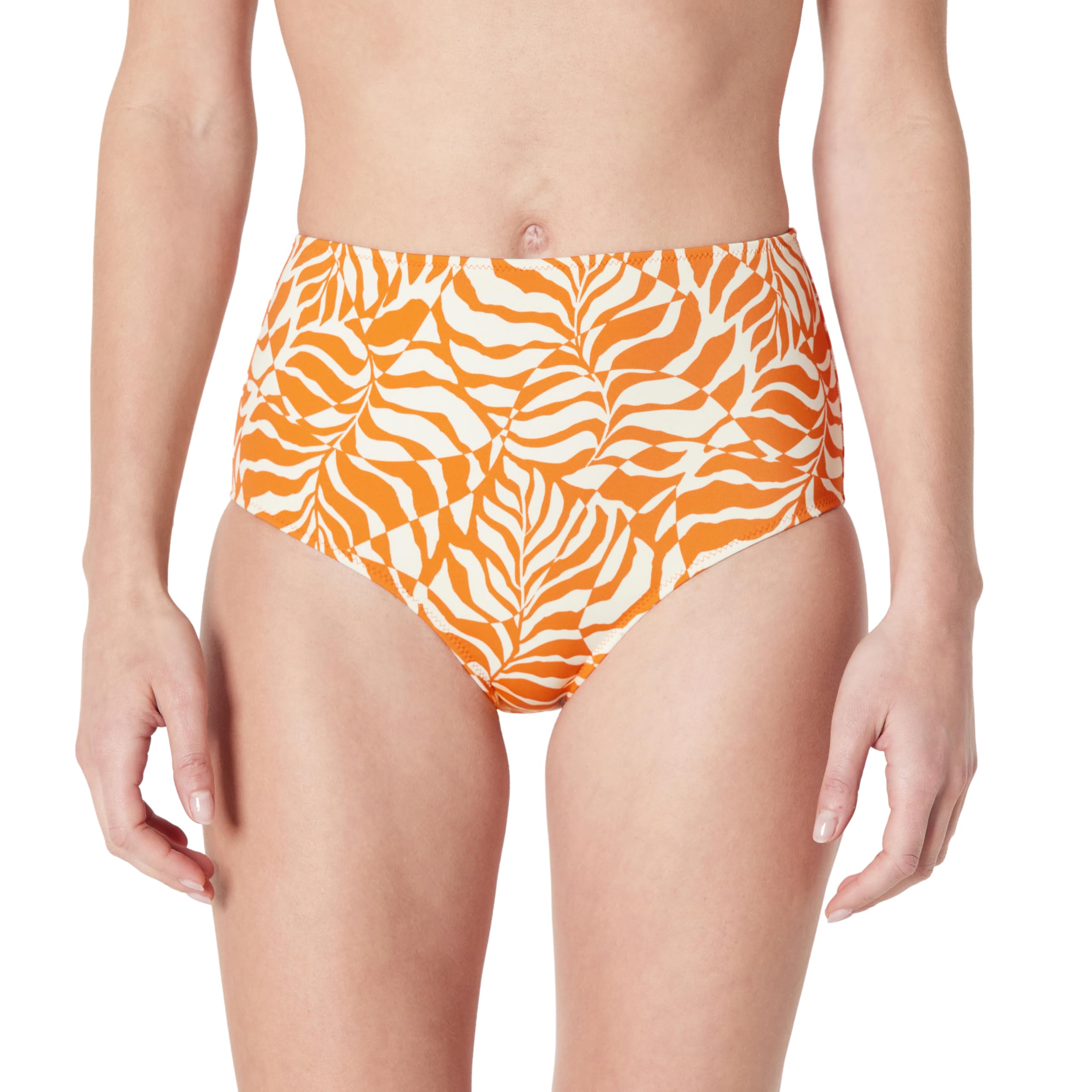 Amazon Essentials Women's High Waist Swim Bottom, Rust Orange Abstract Palms, 12