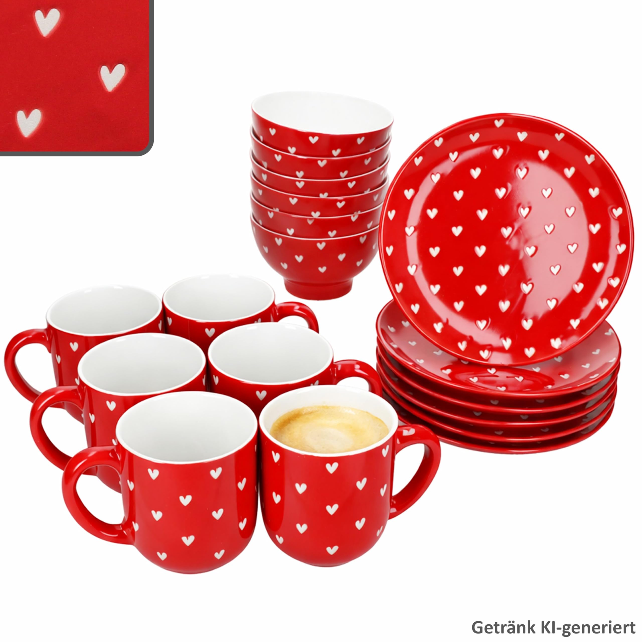 MamboCat Love 18tlg Frühstücksset I 6X Kuchenteller Ø19,5cm, 6X Müslischalen 500ml 6X Kaffeebecher 300ml I Porzellan Geschirr rot mit weißen Herzen I für Frühstück & Kaffeezeit