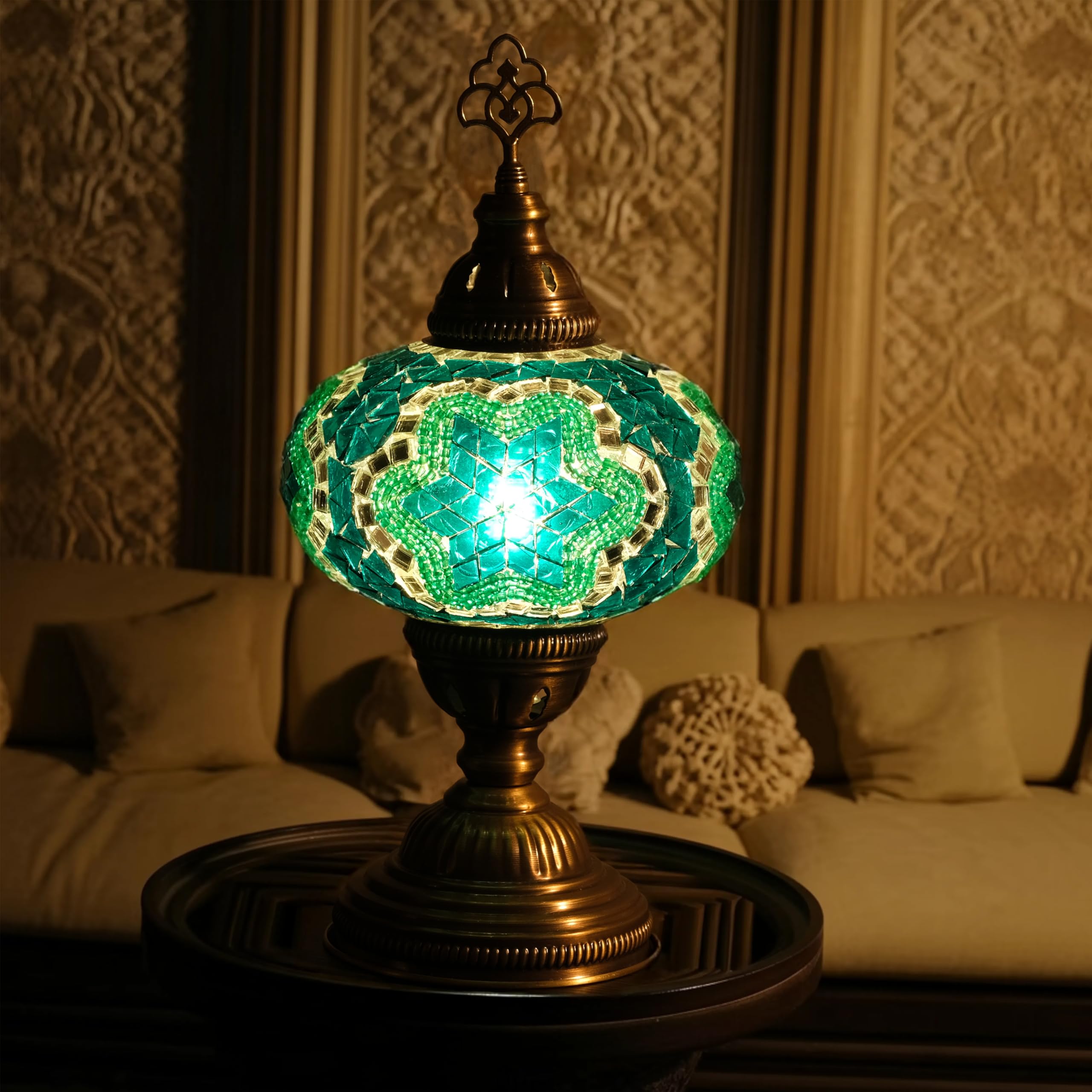 Mozaist Turkish Mosaic Table Lamp with Bulb – Handmade Turquoise-Teal Stained Glass Light, Vintage Bohemian Bedroom & Living Room Decor, E12 Socket & US Plug