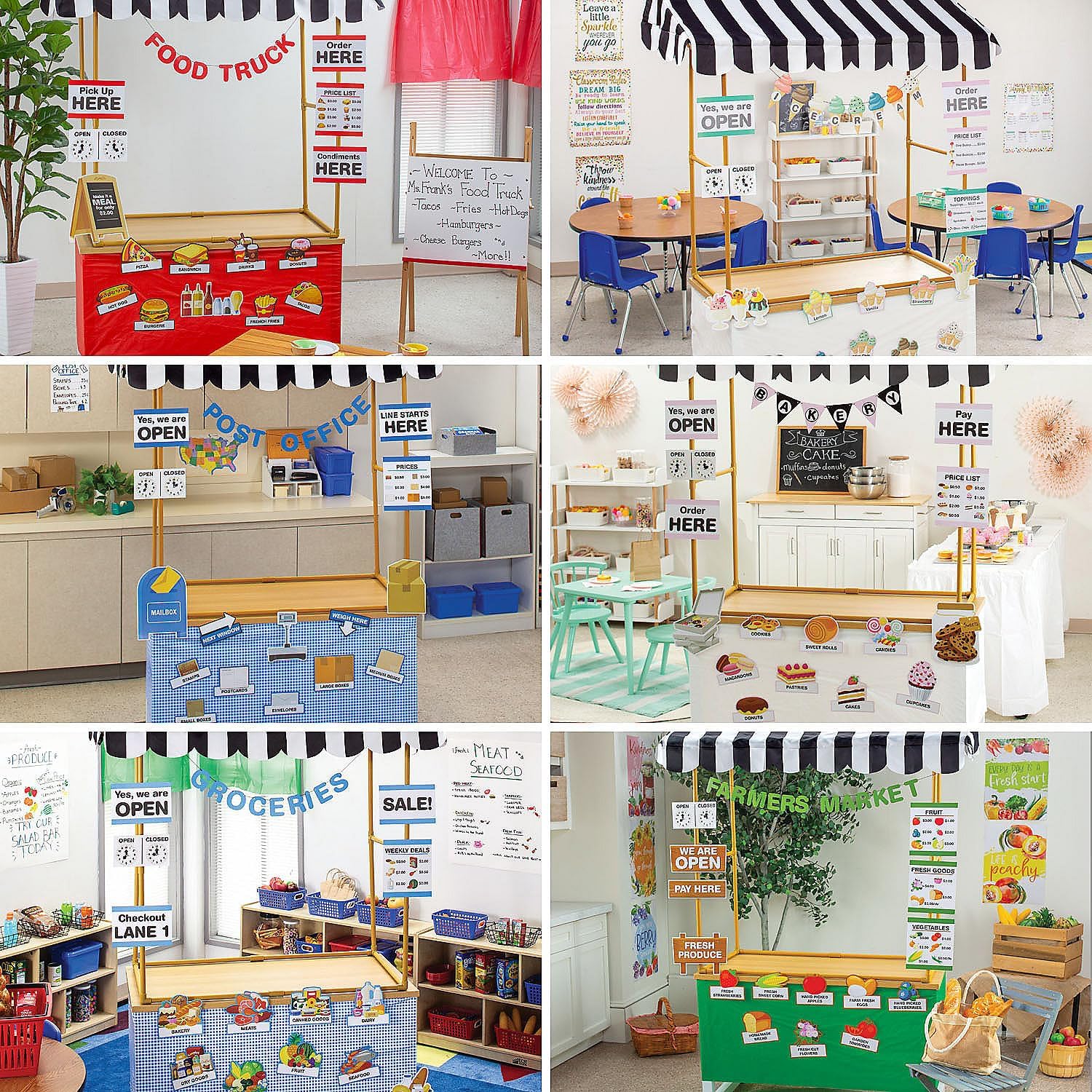 Fun Express Seasonal Dramatic Play Classroom Decorations with 10 Store Themes - 151 Piece