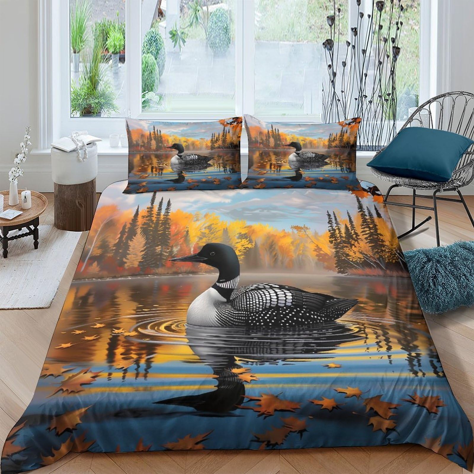Ctjqhvkz Style-8 3D Printed Autumn Lake Loon Fitted Sheet Microfiber Soft Breathable Forest Reflection Bed Cover Bedroom Dorm Decor Single（135X200cm）
