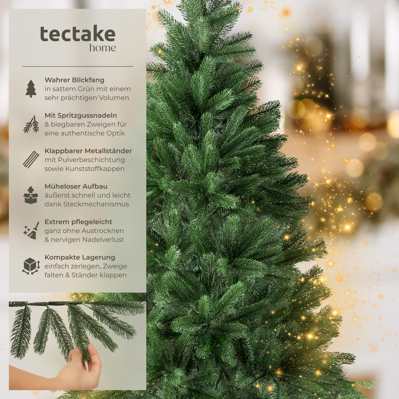 tectake Christbaum realistischer und naturgetreuer Weihnachtsbaum künstlich, Tannenbaum, Deko, Christmas Tree - Kunstbaum mit Ständer - 140 cm, 470 Spitzen und Spritzguss-Nadeln grün