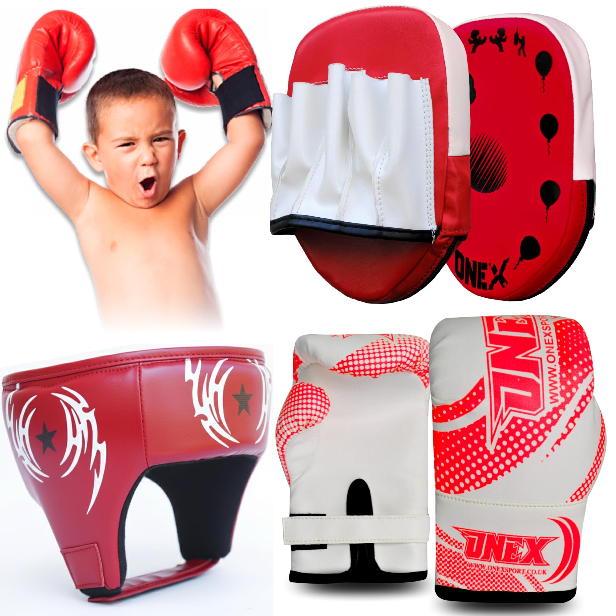 Boxing Set – Gloves, Head Guard & Focus Pads – Ages 2-5 Years | Toddler Punching Set | Boys & Girls Mini Boxing Training Kit | Safe Soft Padding | MMA, Muay Thai, Kickboxing (Red/white)