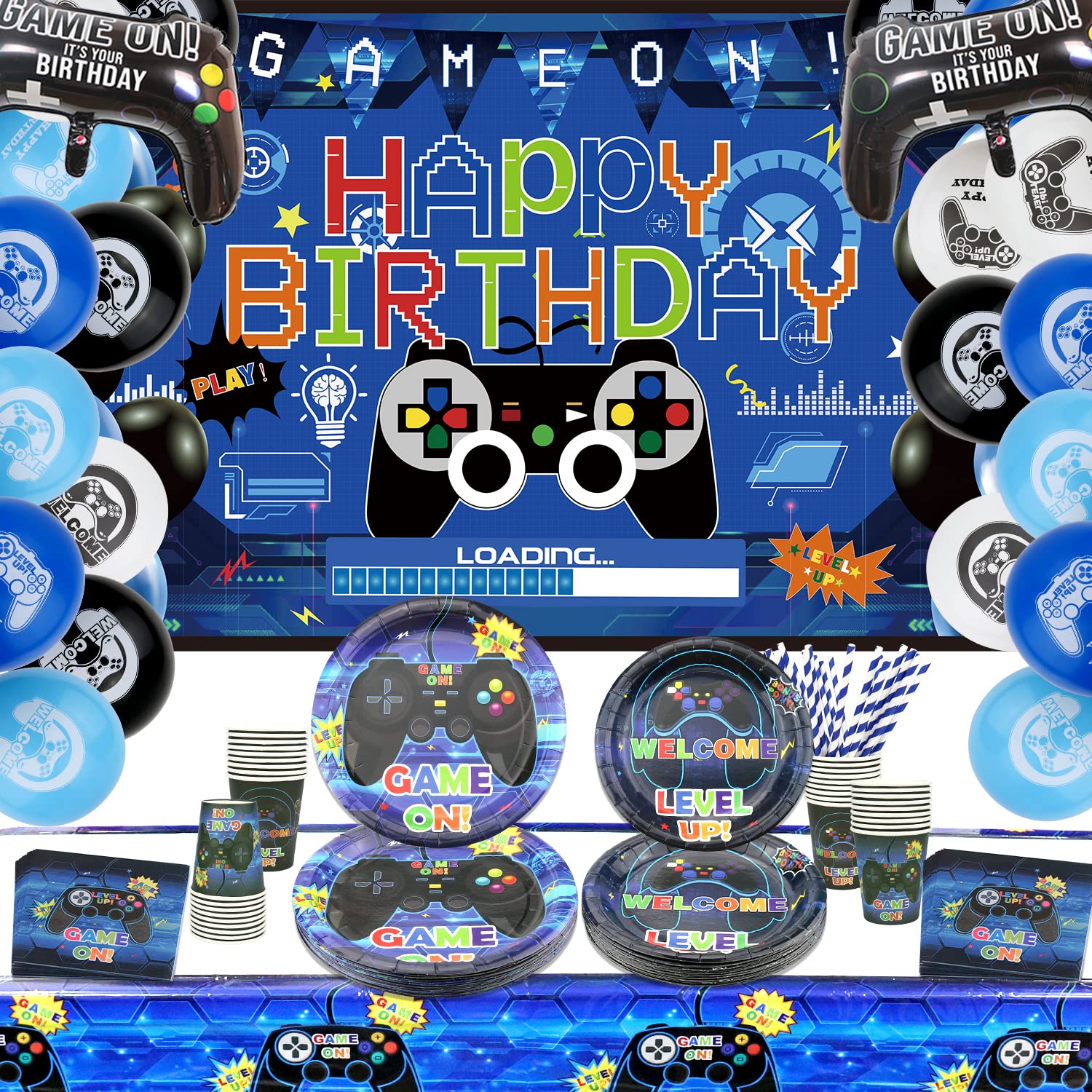 Forniture Per Feste Per Videogiochi Set, Inclusi Happy Birthday Fondale da Gioco, Piatti, Tazze, Palloncini ,Tovaglie,Cannucce, per Ragazzi Compleanno Favors Party Decorazione Per (Serves 20 )