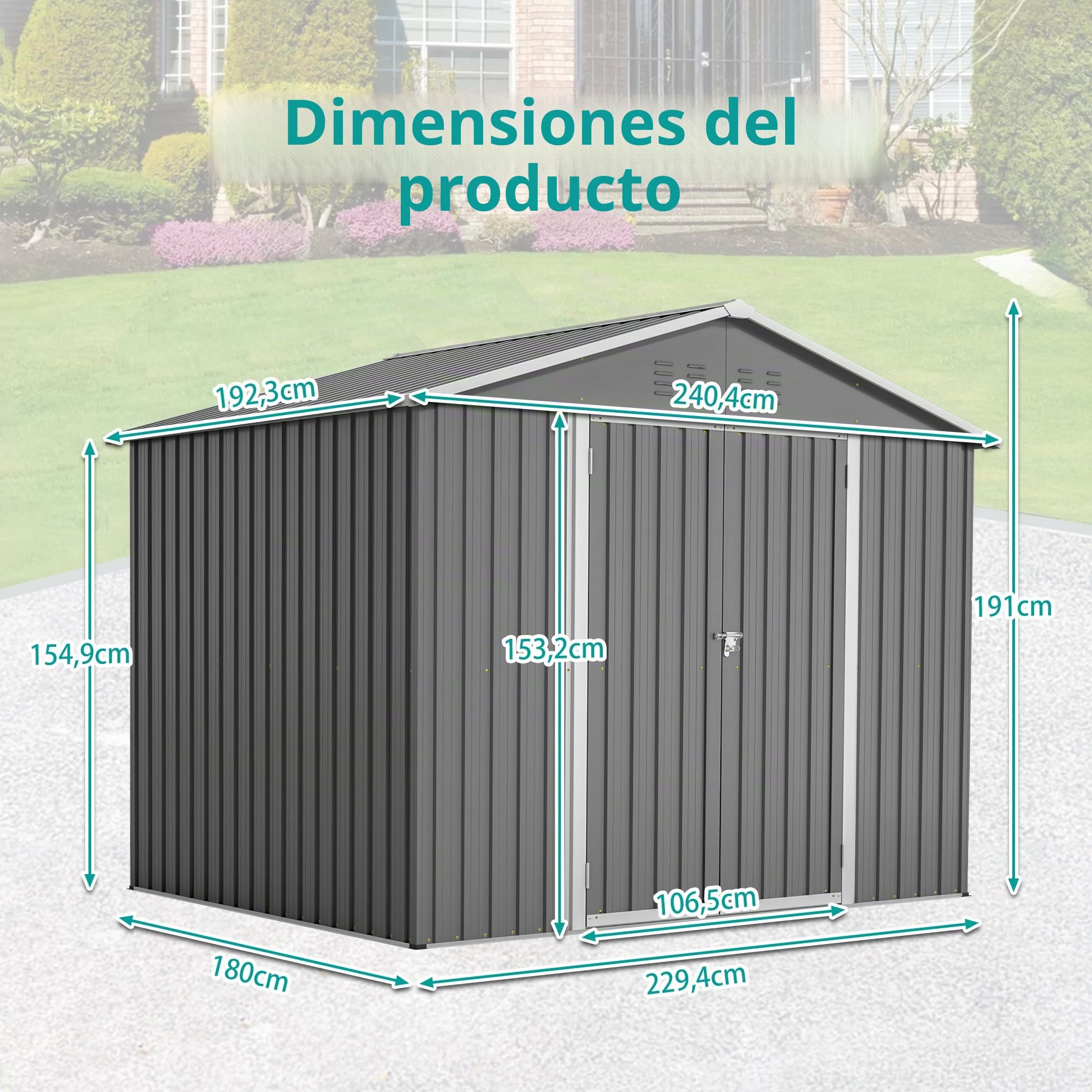 Caseta de jardín de 240 x 180 cm, resistente a la intemperie, con base de metal, sin fondo, cobertizo de jardín para terraza, jardín, herramientas y exteriores, carbón negro