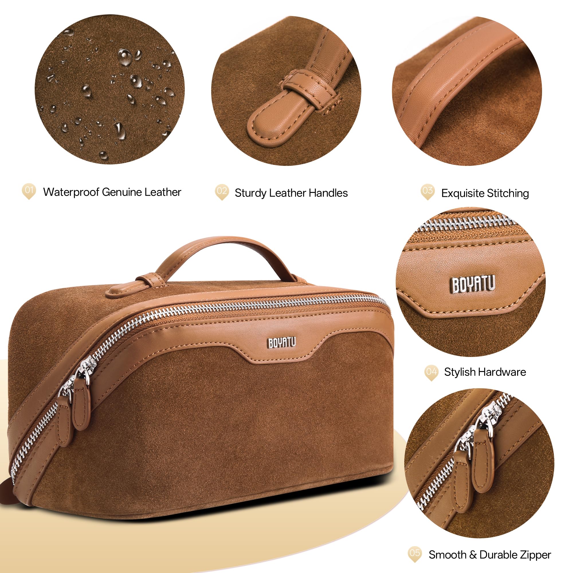 BOYATU Genuine Leather Travel Makeup Bag Set, 3-Piece Cosmetic Organizer