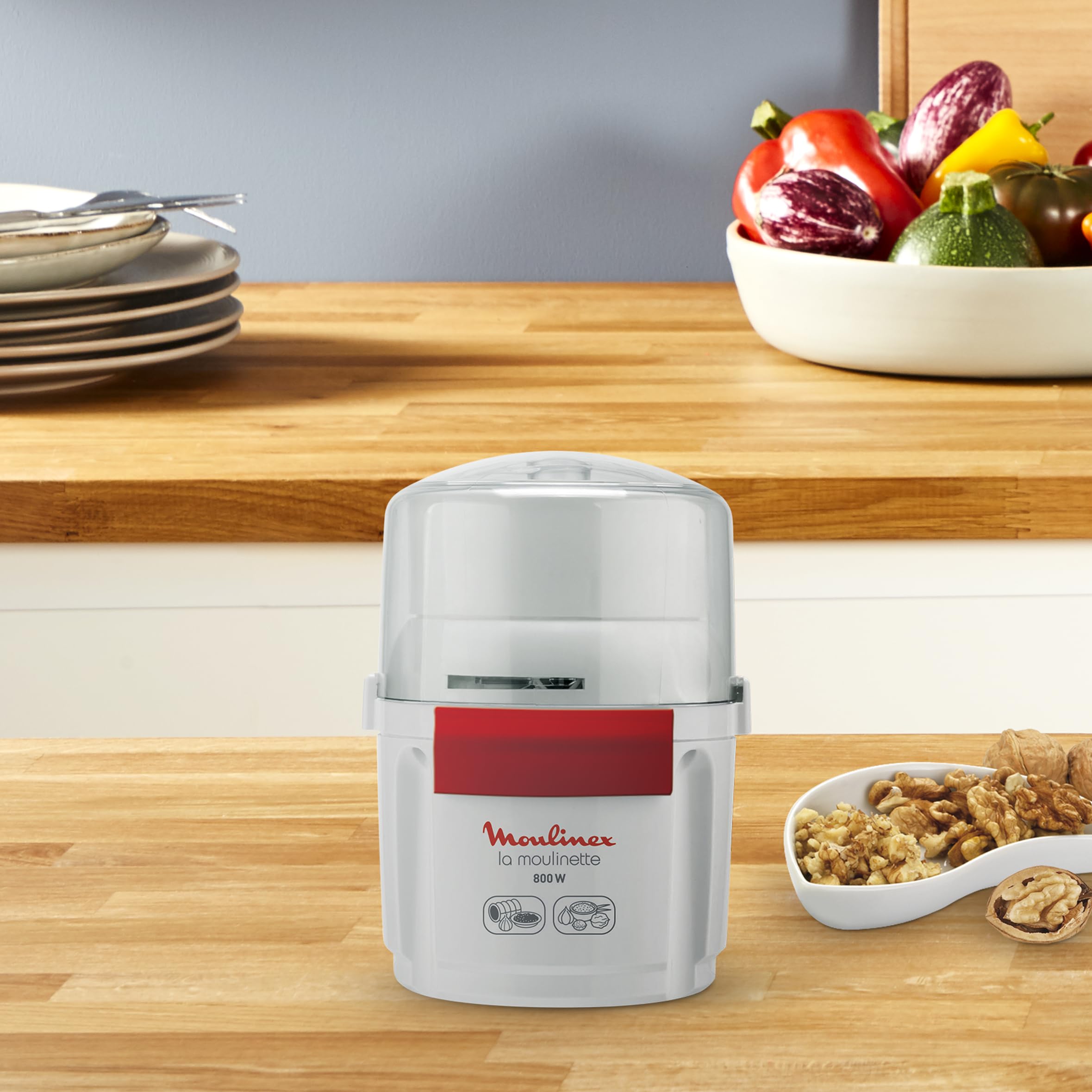 Moulinex Picadora la Moulinette, picadora de 800 W, pica carne, verduras, frutos secos, queso, 200 gr capacidad, pica, corta o mezcla, sistema 1-2-3, cuchilla doble acero inoxidable, blanco, AD5601