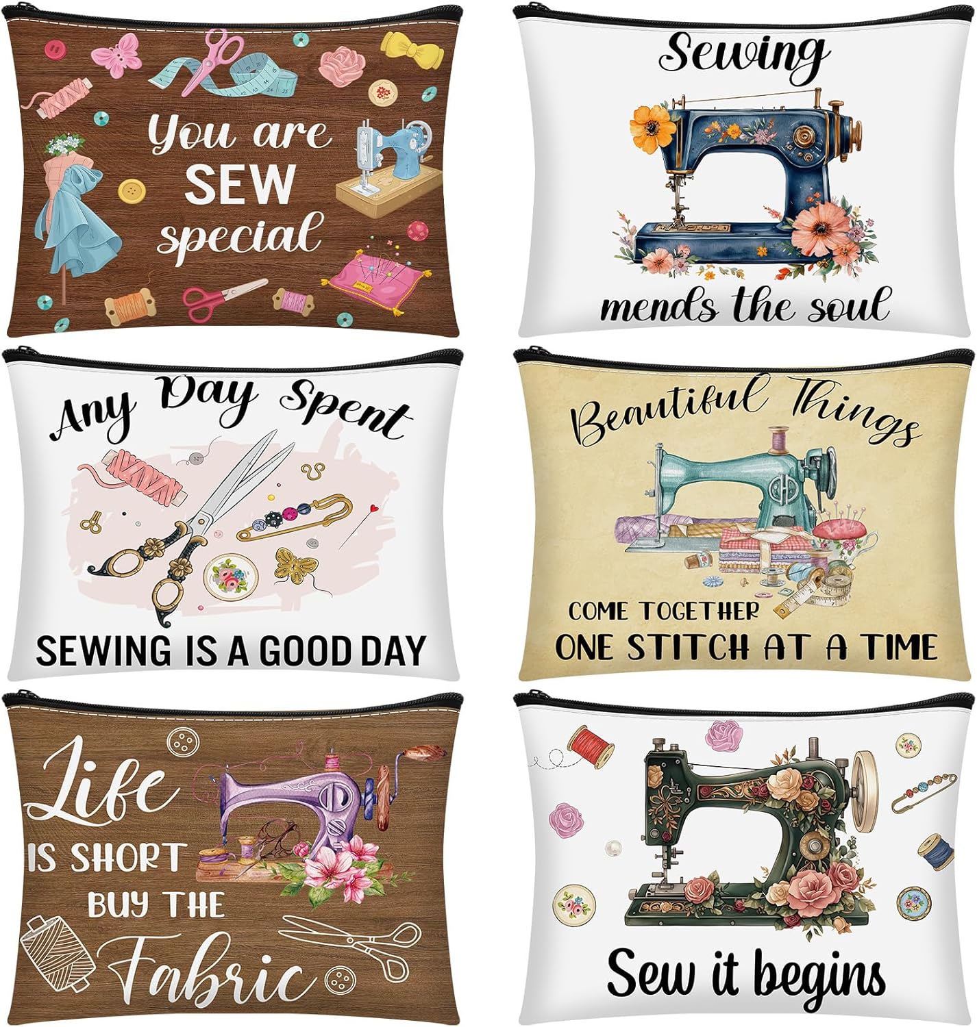 Reginary 6 Pcs Quilting Gifts for Women Sewing Cosmetic pouch Sewing Gifts Canvas Makeup Bag Pouch with Zipper for Funny Sew Lovers Quilting Enthusiast Christmas Mother's Day (Classic Style)