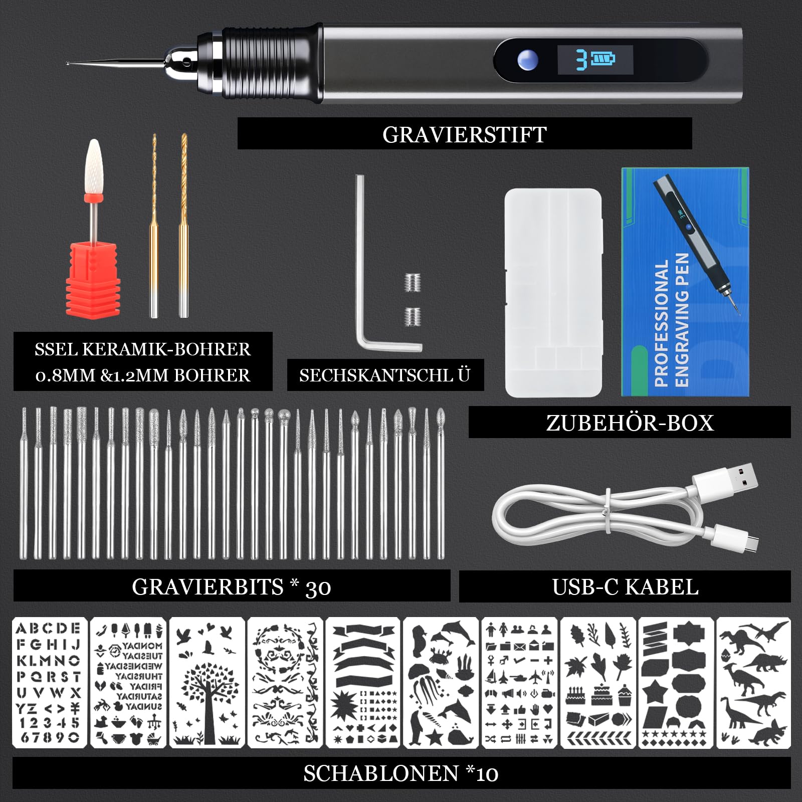 Gravierstift Kit Wiederaufladierbar mit 33 Bits 10 Schablonen Mini Graveur Gravurwerkzeug Zu 21000 U/min Tragbar Multifunktionswerkzeug für Schmuck, Holz, Glas, Metall, Kunststoff, Stein,DIY