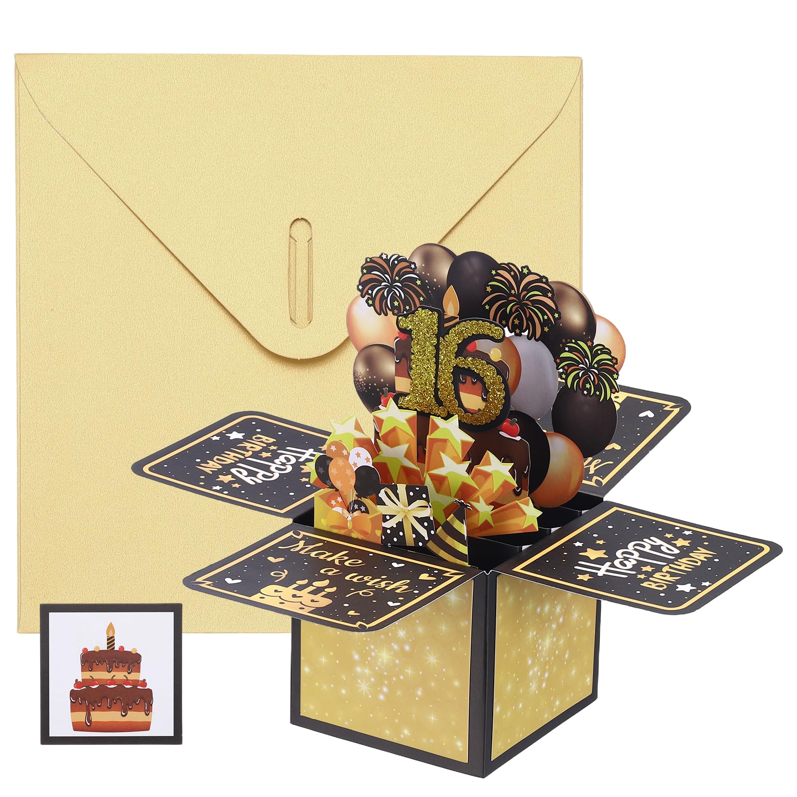 YOKIVE 1 Pcs 3D Birthday Card, 16th Fold Out Birthday Card with Envelope and Small Card for Birthday Party Anniversary Celebration Surprise Greeting Gift, Black Gold Tone