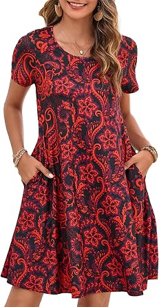 Enmain Women's T-Shirt Dress Short Sleeve Summer Tunic Dress with Pockets Casual Boho Knee Length Dresses for Women UK