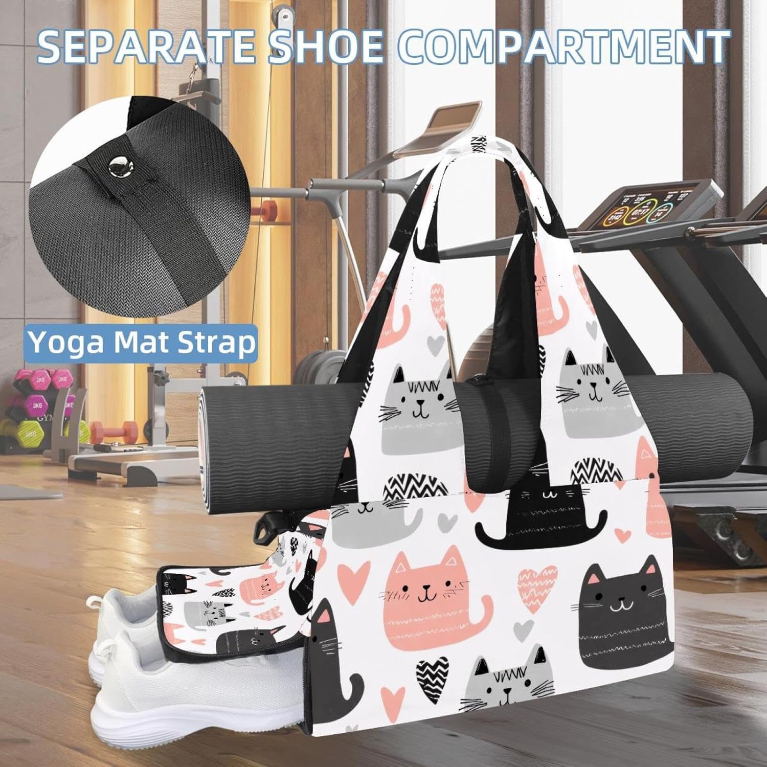 Yoga Mat Bag, Gym Workout Bag with Shoe Compartment, Cats Pilates Bag for Women, Quick Access Storage Yoga Tote Bag for Sports Travel Office