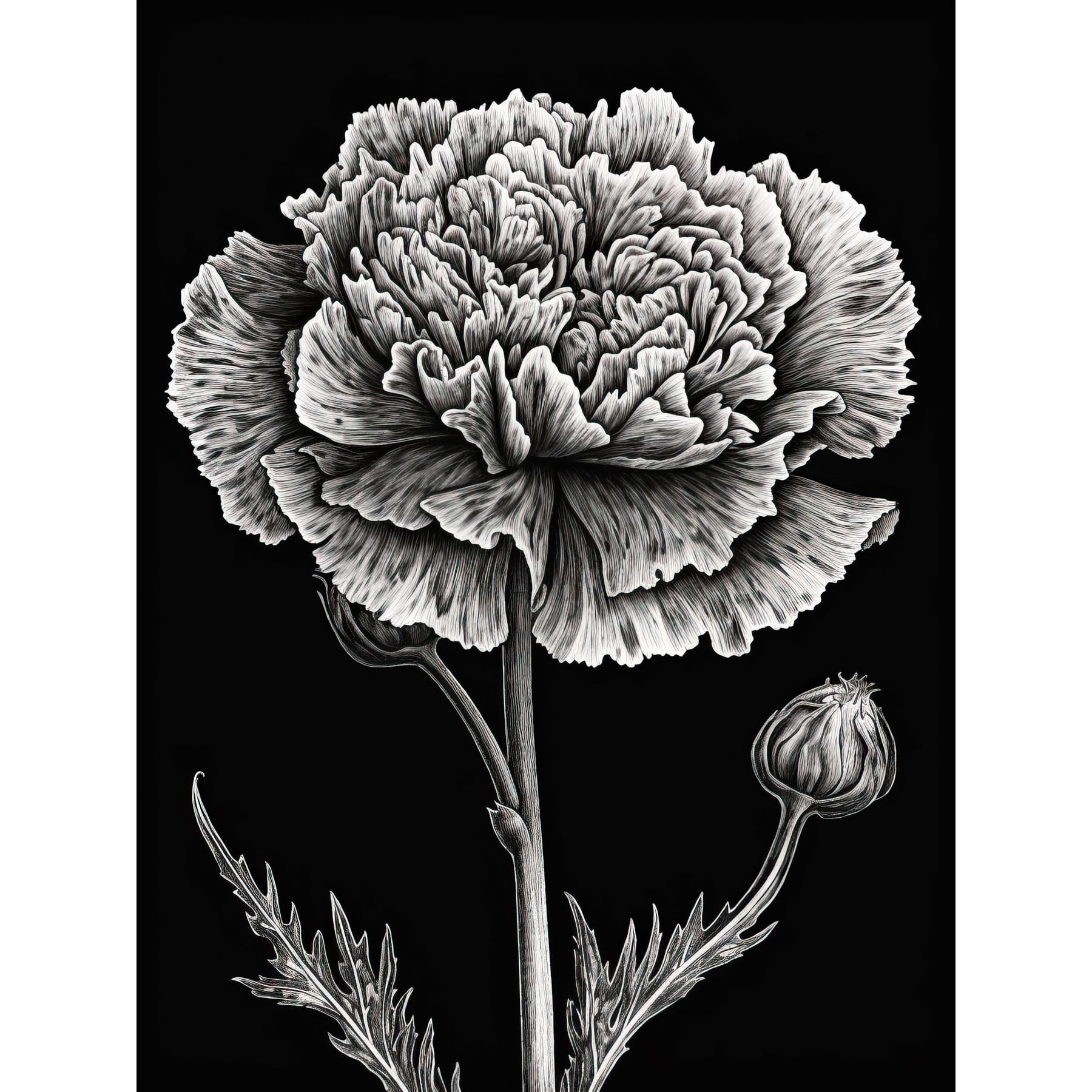 Artery8 Black and White Linocut Carnation Flower Print Large Wall Art Poster Print Thick Paper 18X24 Inch