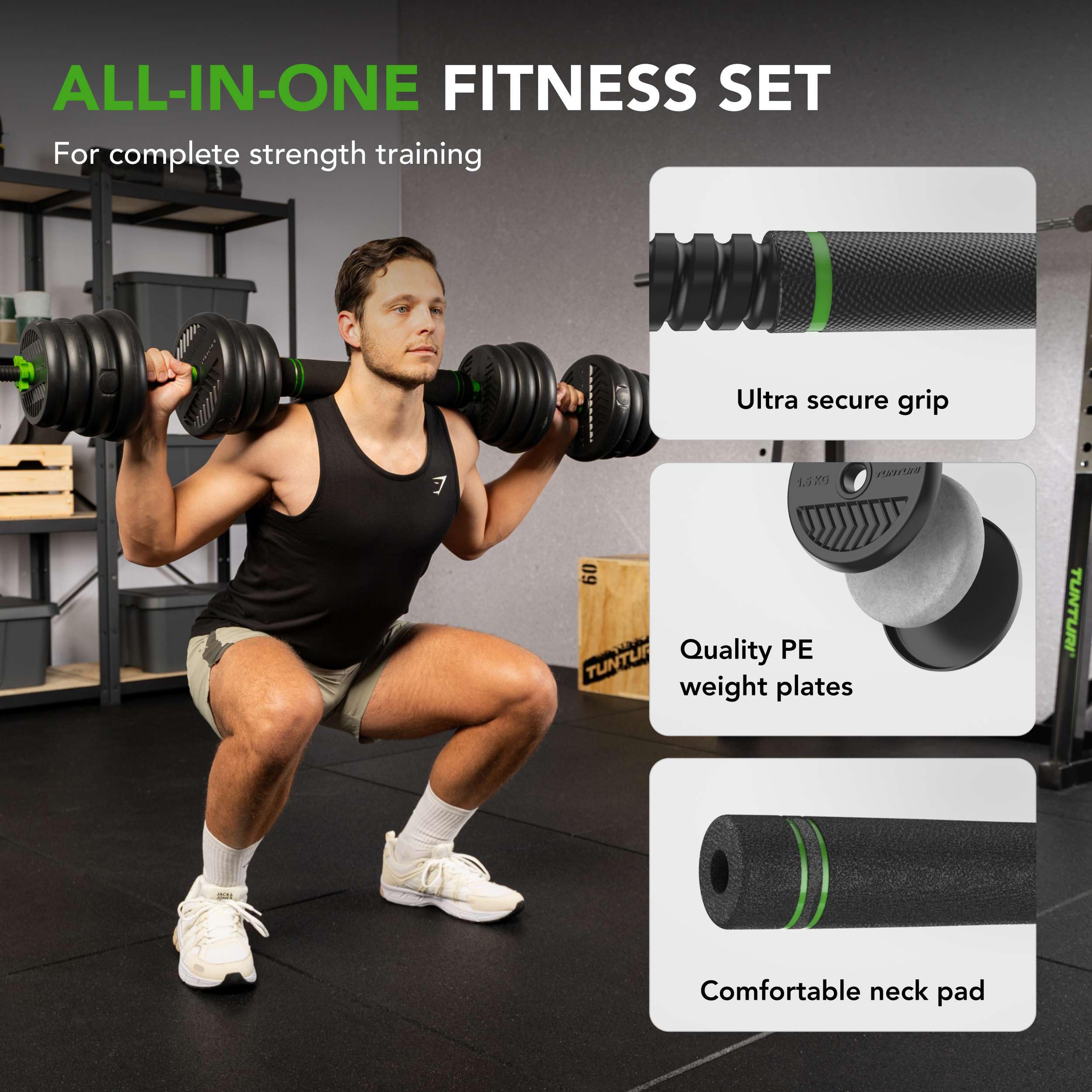 Tunturi Hantelset und Kurzhanteln Vinyl 20-28 kg – Gewichte-Set mit Kettlebell und Langhantel – Liegestützgriffe – Sternverschluss 30 mm – Rutschfester Griff