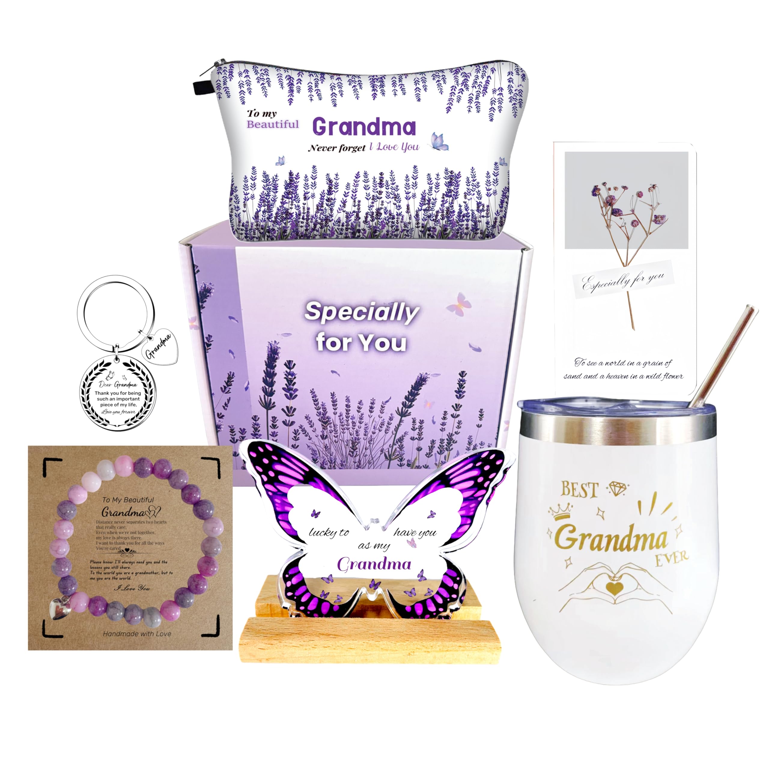 WOSHIDEFA Grandma Gifts - Grandma Birthday Gifts, Gift from Grandchildren, Mothers Day Gift, Birthday Presents for Grandmother with Tumbler, Makeup Bag, Butterfly Decor Christmas Purple
