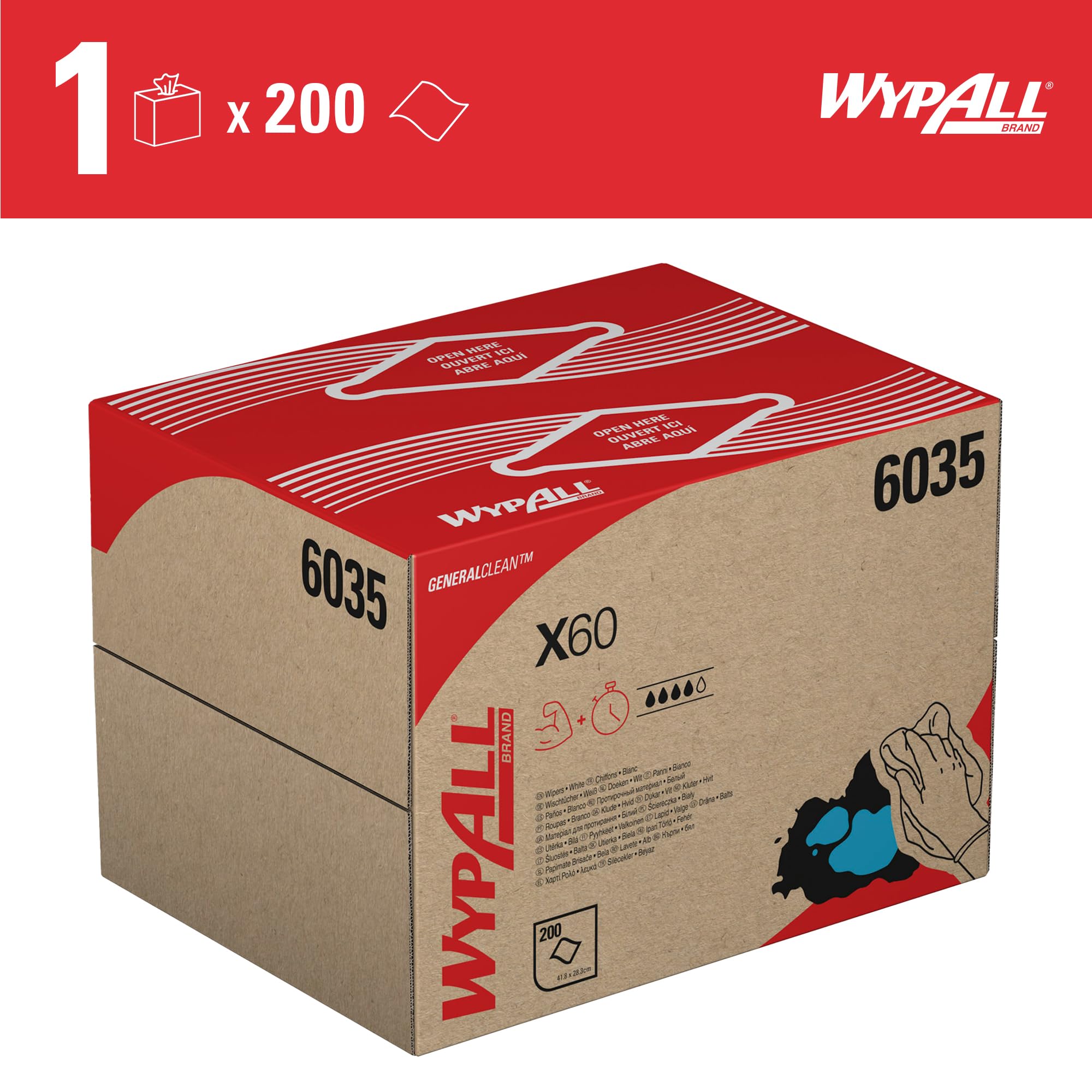 WypAll X60 Panni Industriali Multiuso 6035, Salviette Resistenti e Riutilizzabili, Alta Assorbenza, Tecnologia Hydroknit, 1 Box BRAG da 200 Panni Bianchi
