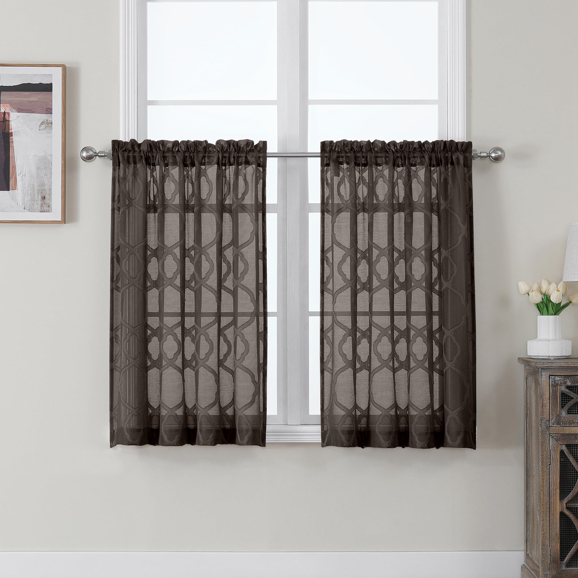 OWENIE Sheer Curtains 36 Inch Length 2 Panels Set, Short Tier for Small Window, Light Filtering Geometric Jacquard Textured Semi Sheer for Kitchen Bathroom, Chocolate, 42x36 Inch