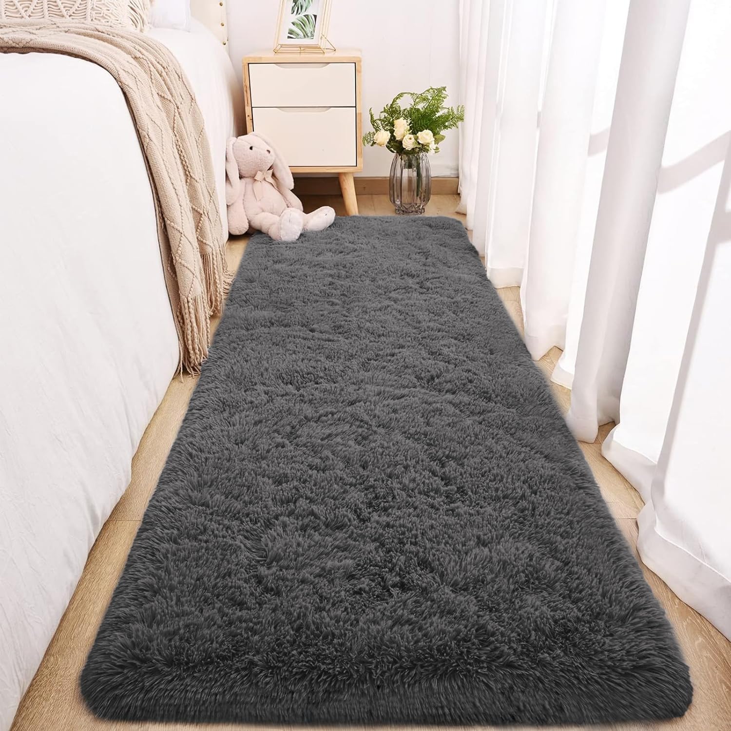 Merelax Soft Area Rug Fluffy Rugs for Living Room Bedroom Decor, 2x6 Runner Rug for Hallway, Shag Furry Bedside Rug Indoor Accent Floor Carpet, Non-Slip Plush Rug for Nursery Kids Room Dorm, Dark Grey
