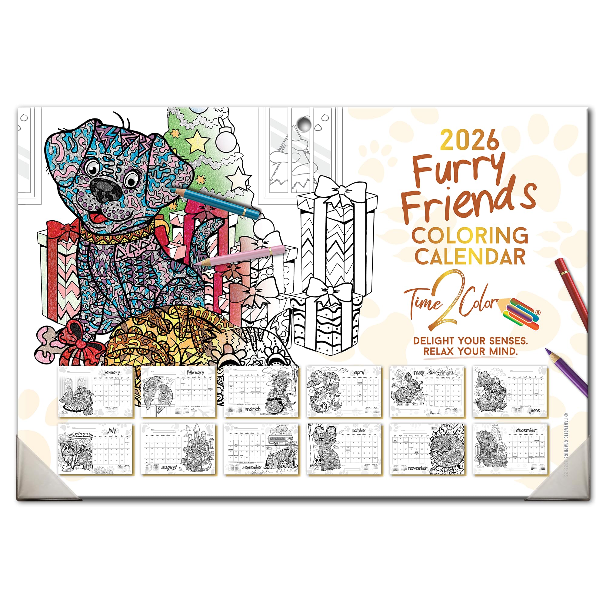 Time2Color 2026 Home Edition Biurko Blotter/Kalendarz do kolorowania ściennego (48 cm x 33 cm): Motyw futrzanych przyjaciół