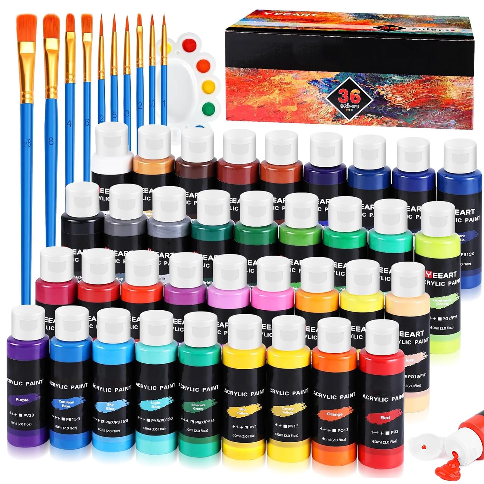 Juego de pinturas acrílicas, 50 colores × 60 ml, juego de pinturas acrílicas para adultos, 10 pinceles, no tóxico, resistente al agua, pigmentos ricos para adultos sobre piedras, lienzo, madera