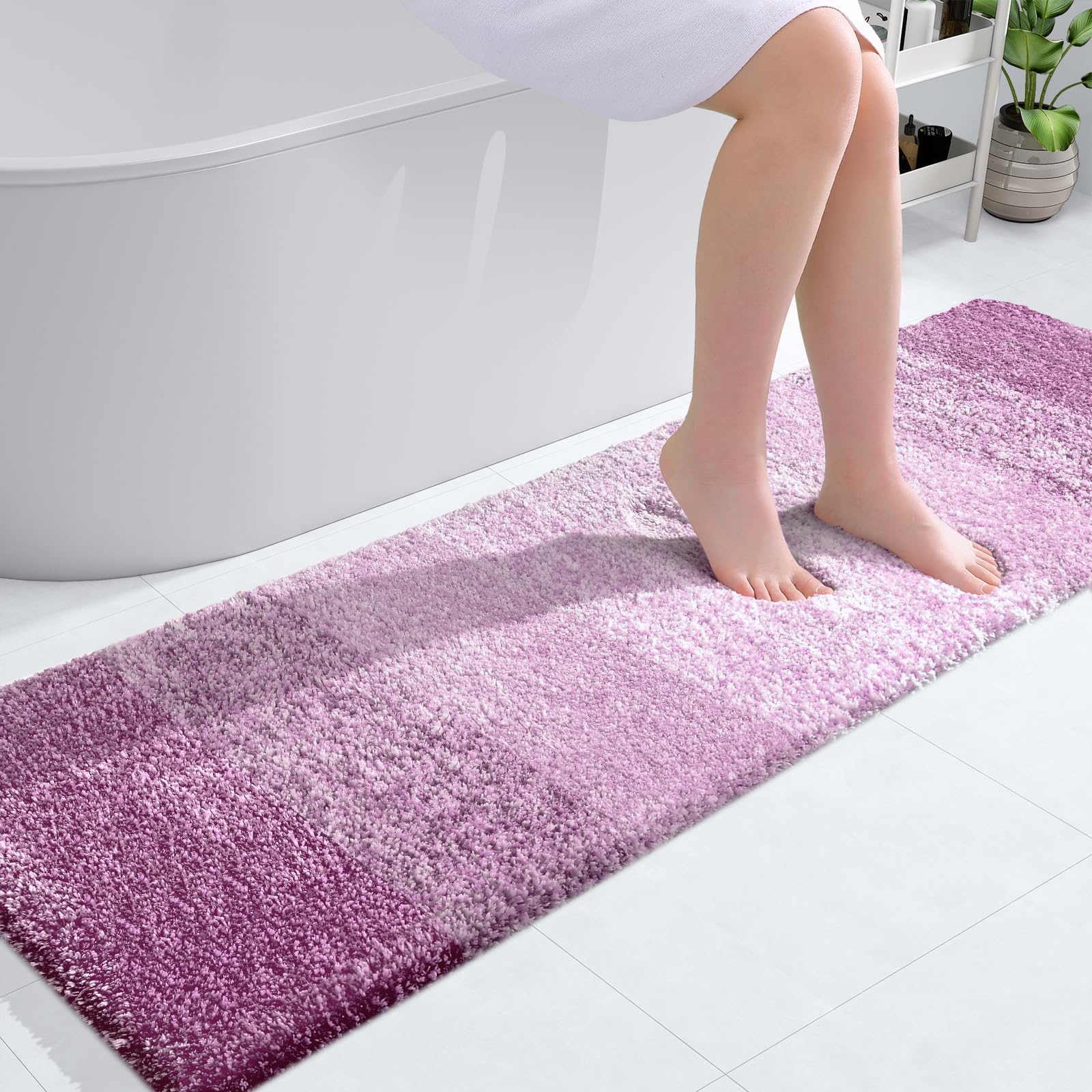 OLANLY Bathroom Runner Rug 59x17, Extra Soft Absorbent Microfiber Bath Rugs | Pinkish-Purple, Non-Slip Quick-Drying Rubber Backing, Washable Long Bath Mat for Floor, Tub and Shower, Home Decor