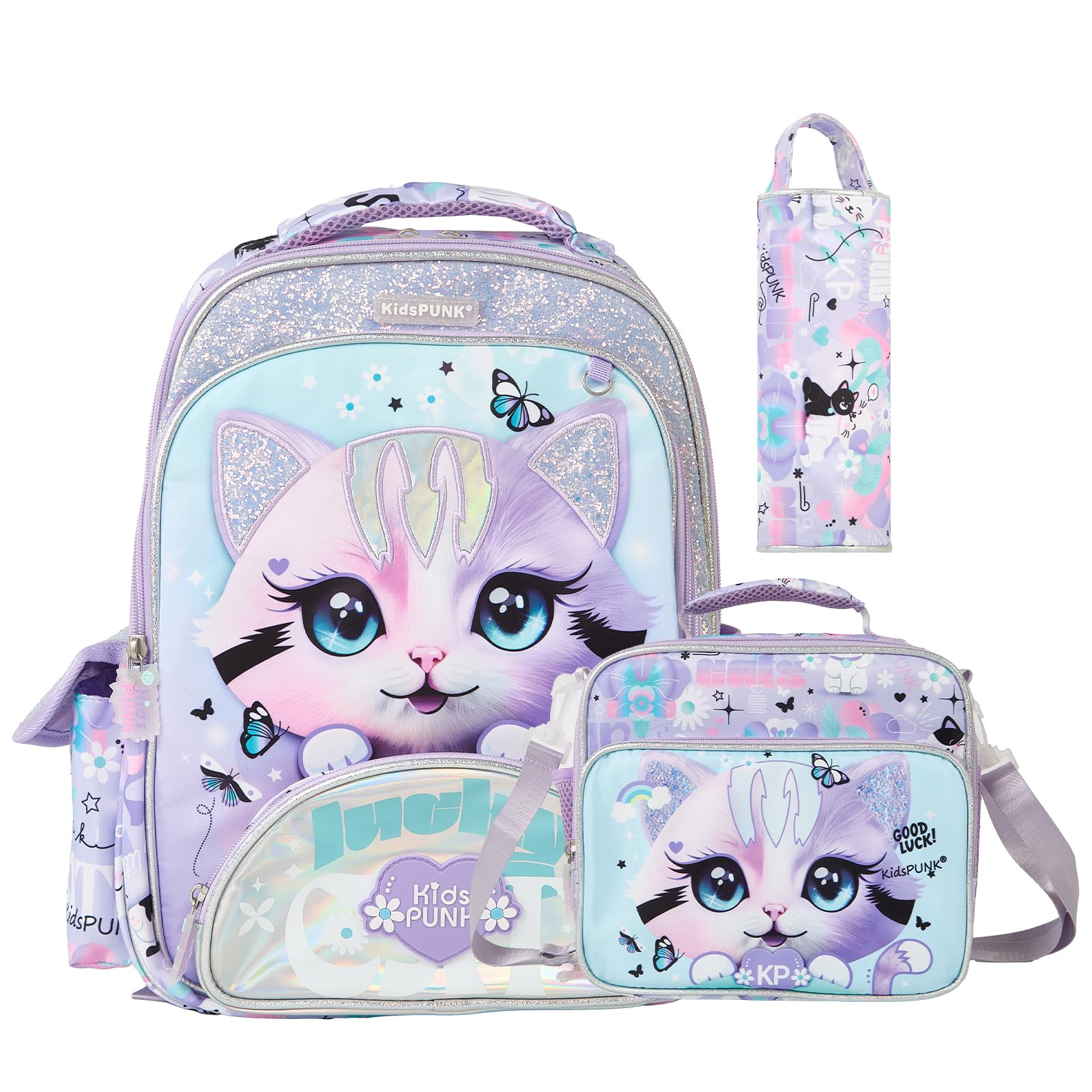 Girls Backpack 3 in 1 Kids Backpacks for Girls Cute Light Purple Cat Kawali Backpack for Preschool Elementary Kindergarten,Light Purple Color,Large