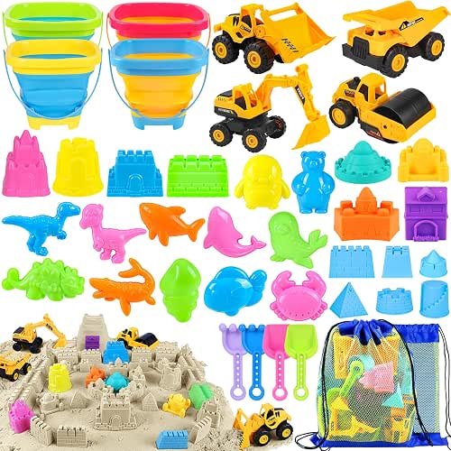 FHOZGECY Beach Toys with 4 Trucks, Collapsible Buckets for Kids