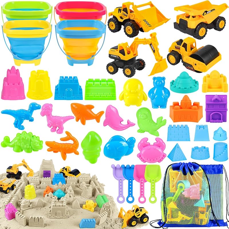 FHOZGECY Juguetes de playa con 4 camiones, cubos plegables para niños de 3 a 12 años | 4 vehículos de construcción, moldes de arena, bolsas de malla para arenero, patio trasero, viajes de verano, juegos de playa, diversión al aire libre multiescena