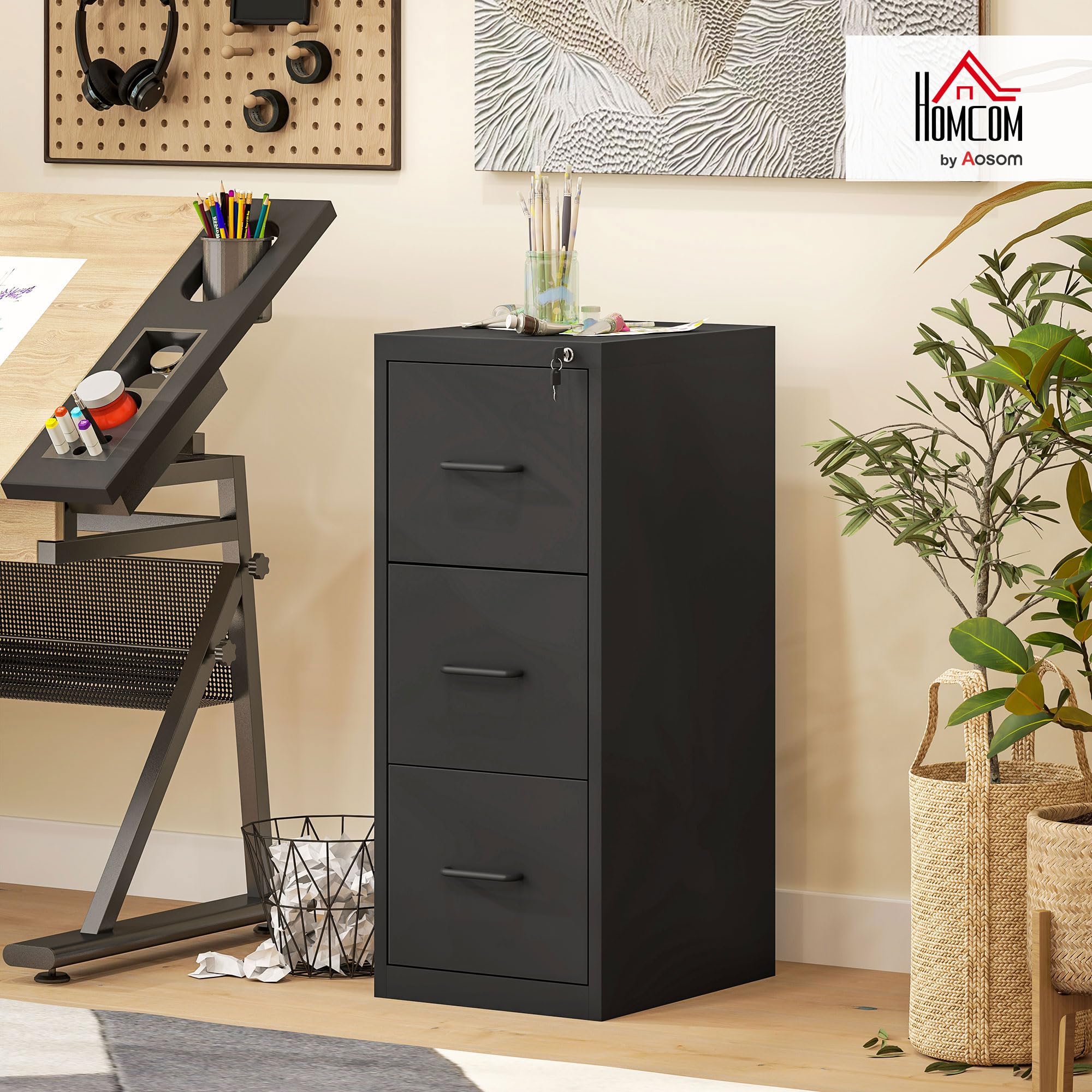 HOMCOM Schedario da Ufficio a 3 Cassetti con Barra Regolabile, Cassettiera in Acciaio per Documenti, Perfetto per Ufficio, Casa e Studio, 36.5x46.2x99 cm, Nero