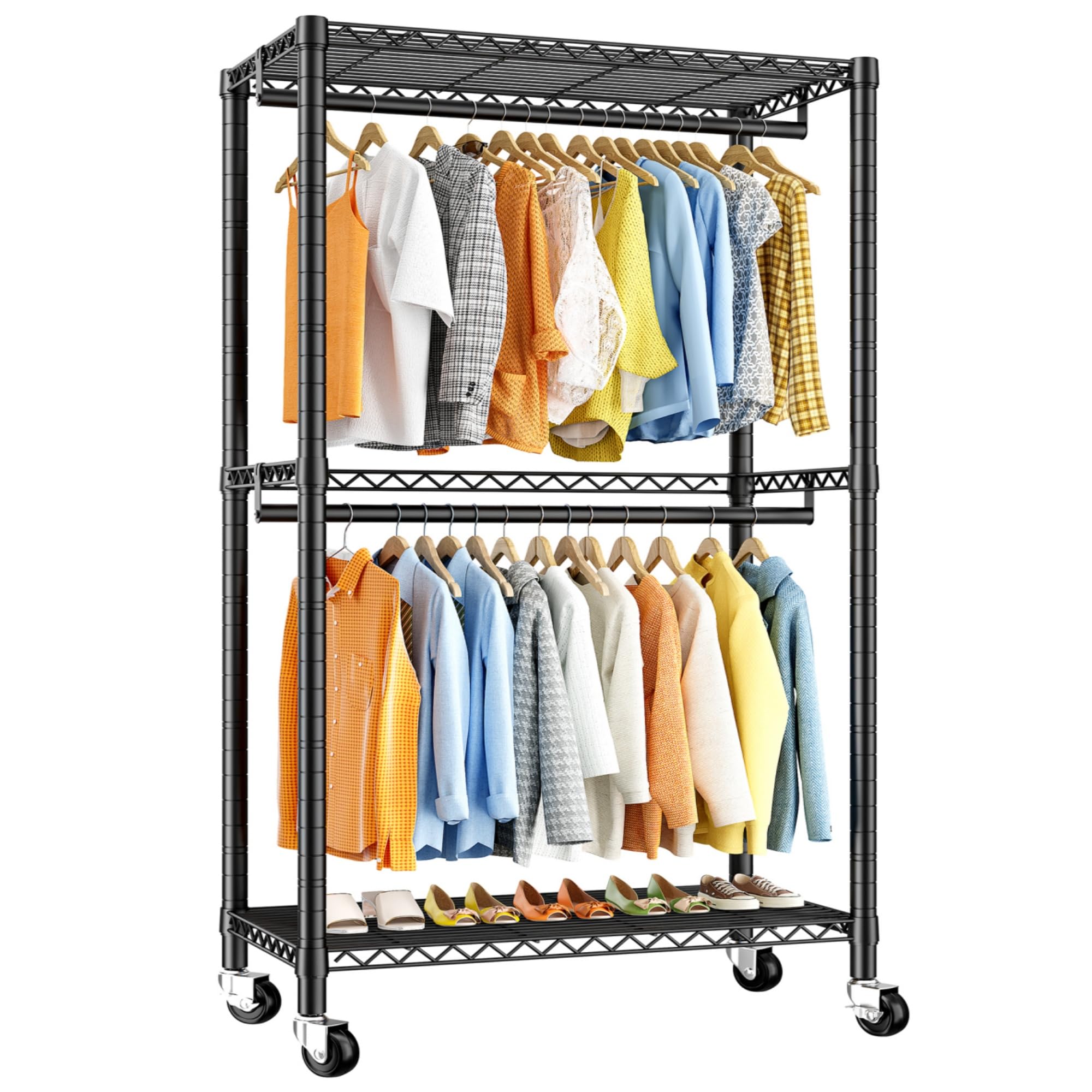 Raybee Heavy Duty Clothes Rack with 2 Shelves Rolling Portable Closet