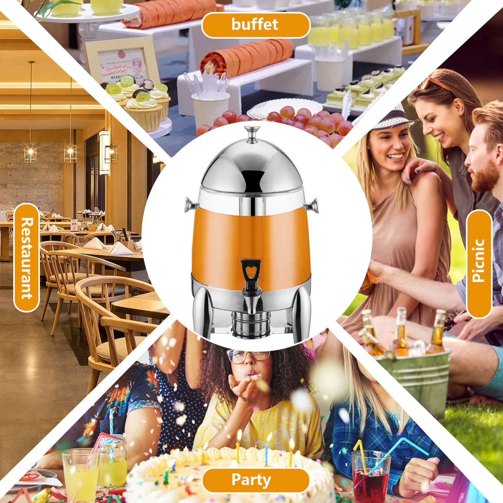 Distributore di Bevande in Acciaio Inossidabile da 12 Litri, distributore di succhi con Rubinetto, distributore di Bevande Calde e Fredde per Ristorante, Hotel, Bar, Contenitore per Bevande