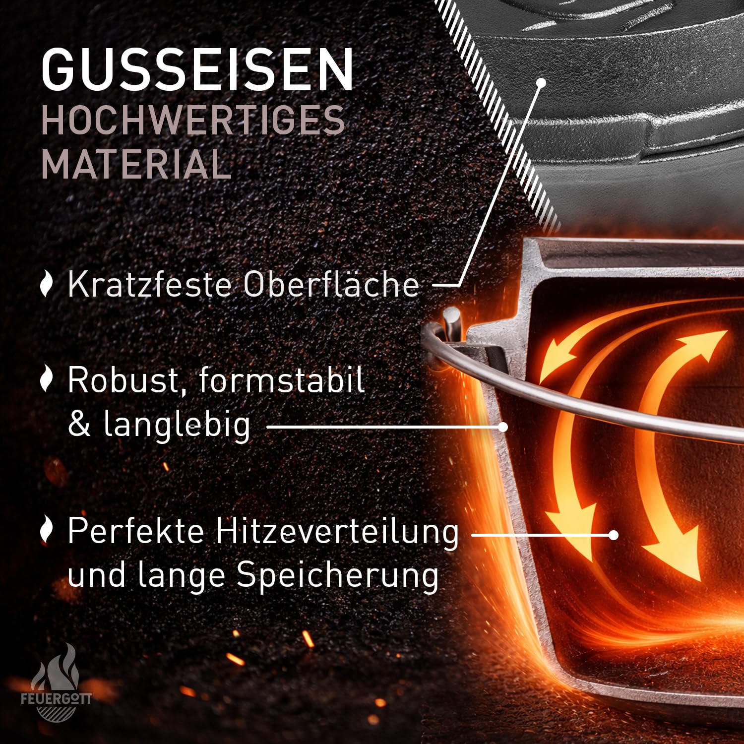Dutch Oven 6L ohne Füße – Gusseisen Topf für Brot, Braten, Backofen, Herd, Induktion, Schmortopf für Familienküche, BBQ, Auflauf, große Portionen, Kochen, Grill, Bräter, rustikal, schwarz