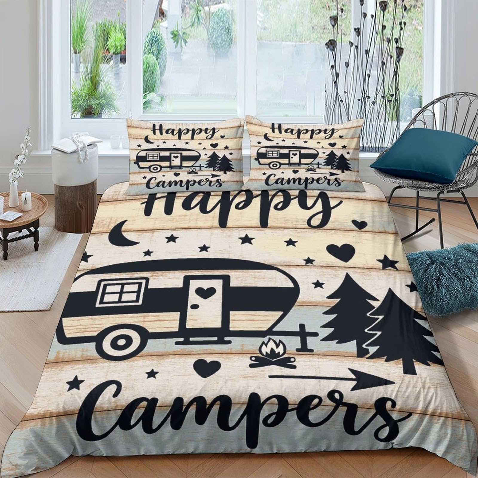 GPLZQXKJNH 3D Printed Happy Camper Duvet Cover Microfiber Soft Breathable Vintage Caravan Bedding Set with 2 Pillowcases for Bedroom Decor Single（135x200cm）