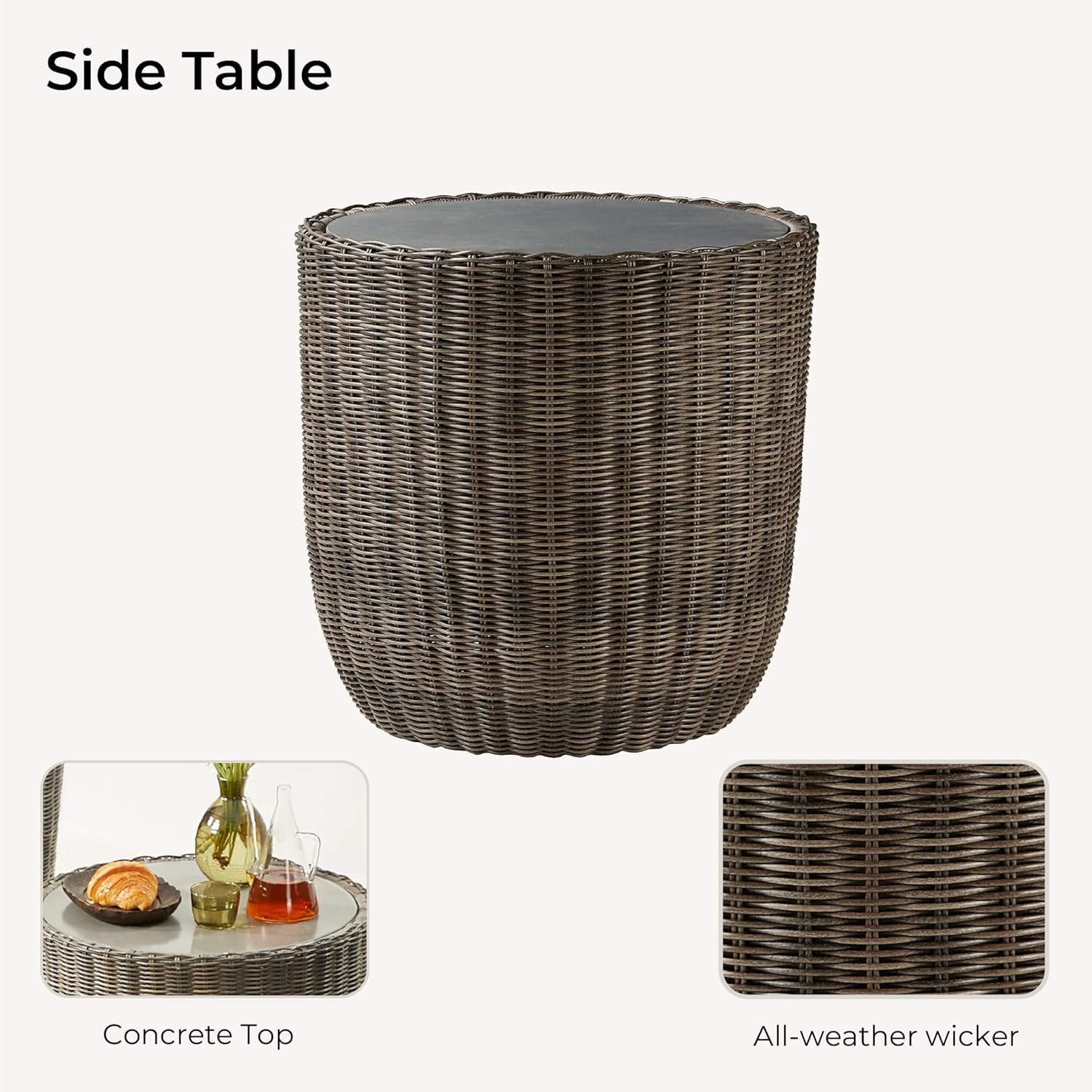 CHITA 3 Pieces Patio Wicker Furniture Set, Outdoor Rattan Bistro Set with Removable Thickened Cushions, Fully Assembled(Gray Cushions with Brownish Gray Wicker)