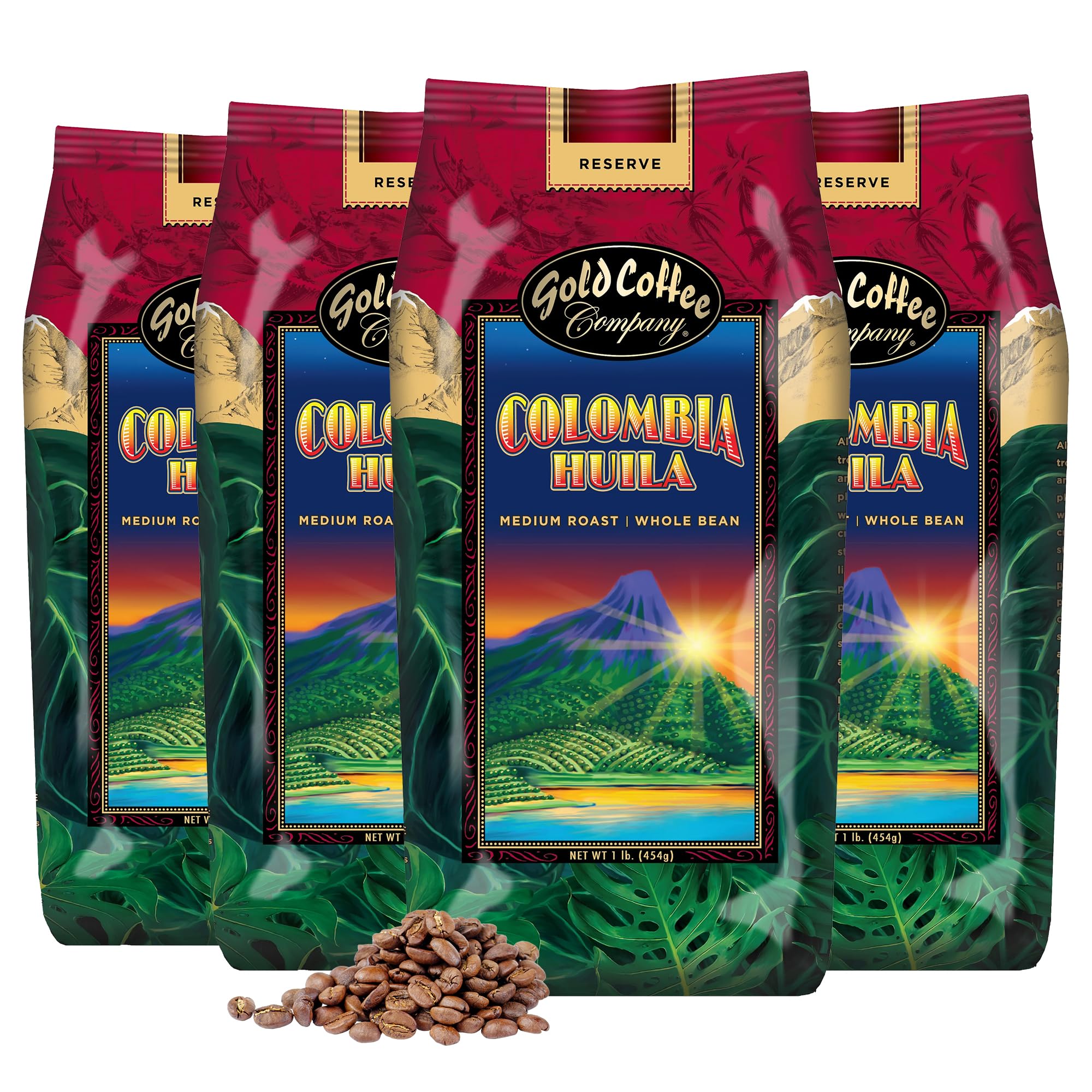 Gold Coffee | Premium Colombia Huila, Medium Roast, Whole Bean | 100% Colombian Coffee, 1 lb. (Pack of 4)