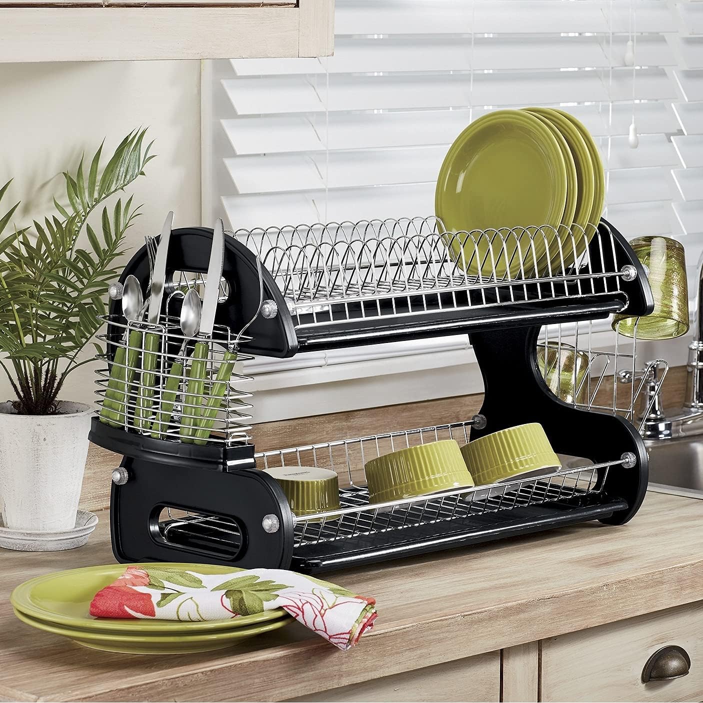 Montgomery Ward Retro 2-Tier Dish Rack, Space-Saving Design, Durable Plastic and Chrome-Plated Wire, Easy Assembly (Black)