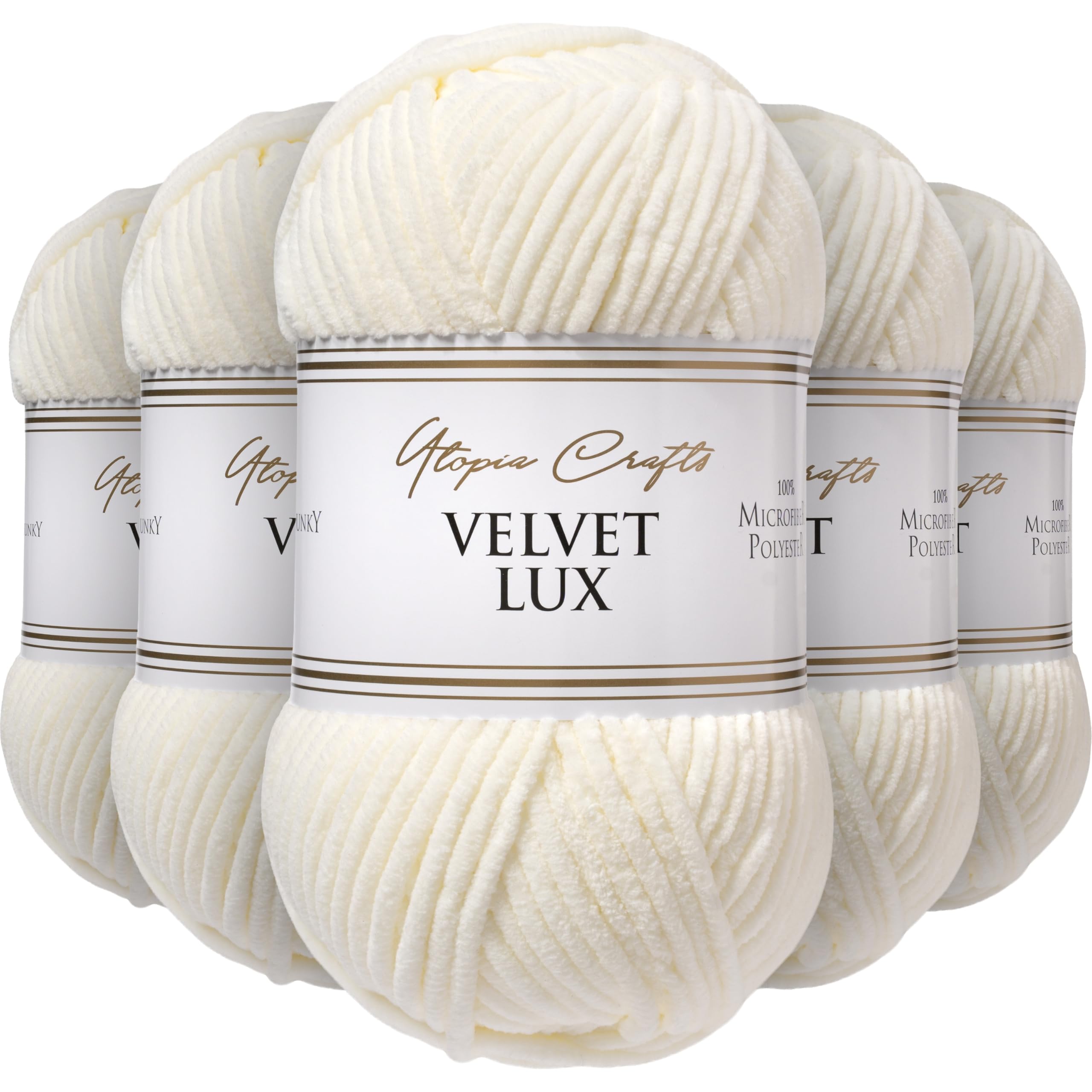 Utopia Crafts Velvet Lux Chenille Super Soft Chunky Yarn for Knitting and Crochet 5X 100g (Ivory)