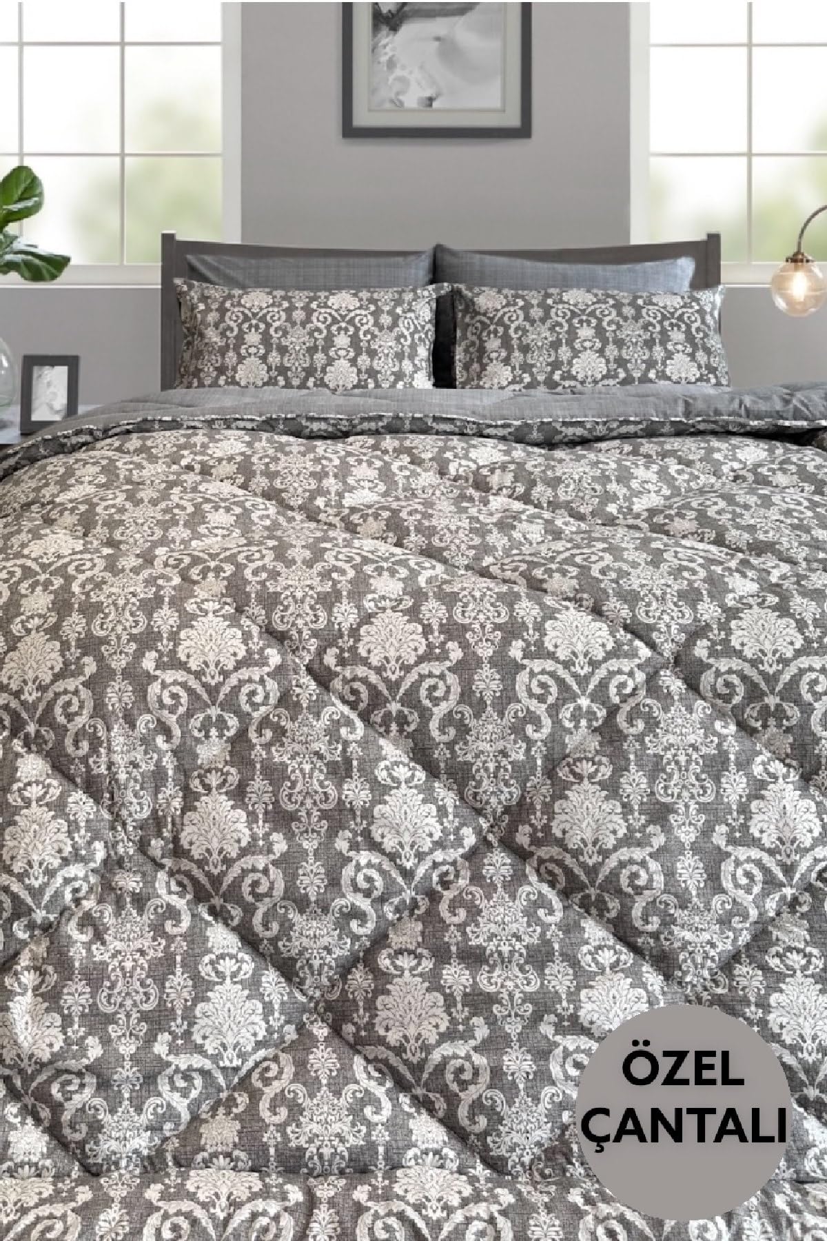 Alla Turca-Lux Uyku Seti-tek Kişilik-lastikli Çarşaflı 2yastık Kılıflı-özel Çantada Modern Damask Gri (Gri)