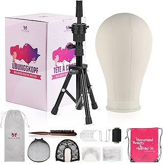 23 Inch Wig Head,Wig Stand Tripod with Head,Canvas Wig Head Stand with Mannequin Head for Wigs,Manikin Head Block Set for Wigs Making Display with Wig caps,T Pins Set,Bristle Brush