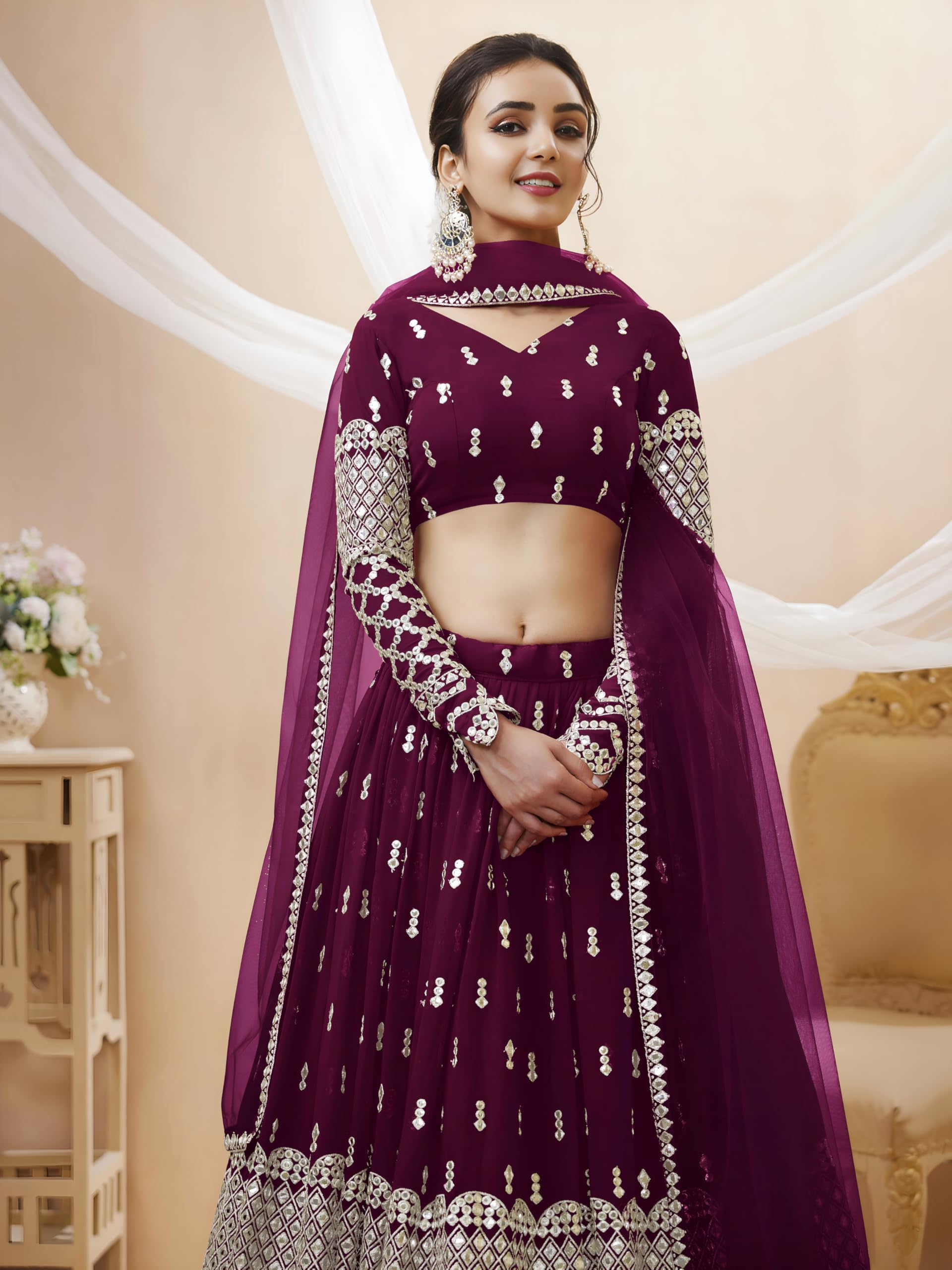 Zeel Clothing Women's Sequins Zari Embroidered Georgette Semi-stitched Lehenga Set For Women (304-Wine-Wedding-Bridal-Latest-New; Free Size) (Wine) 4